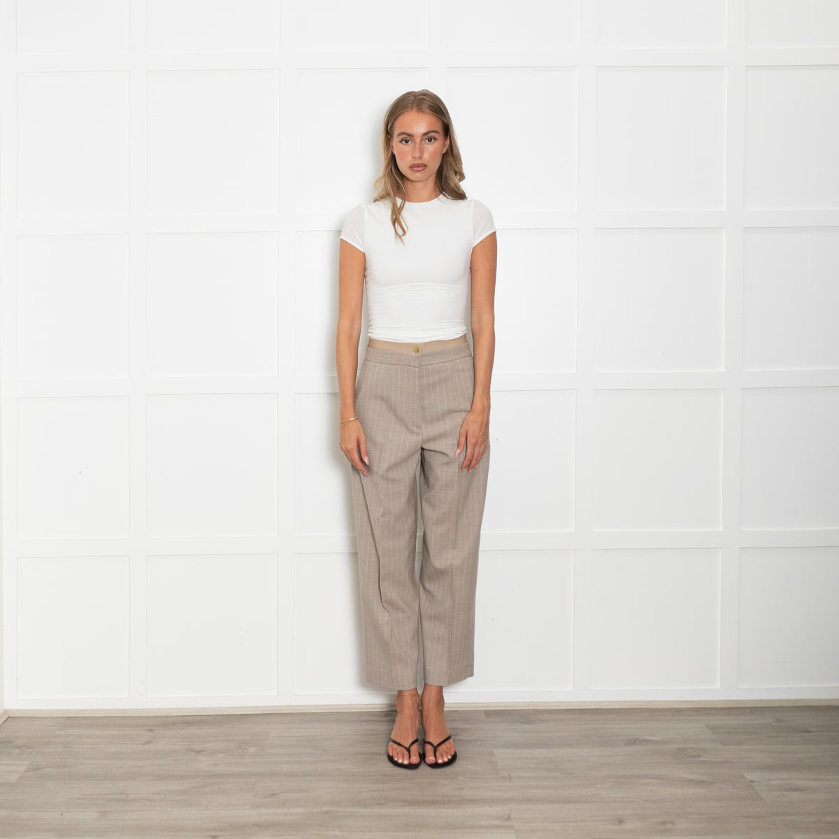 Sandro Beige Pinstripe Tailored Trousers