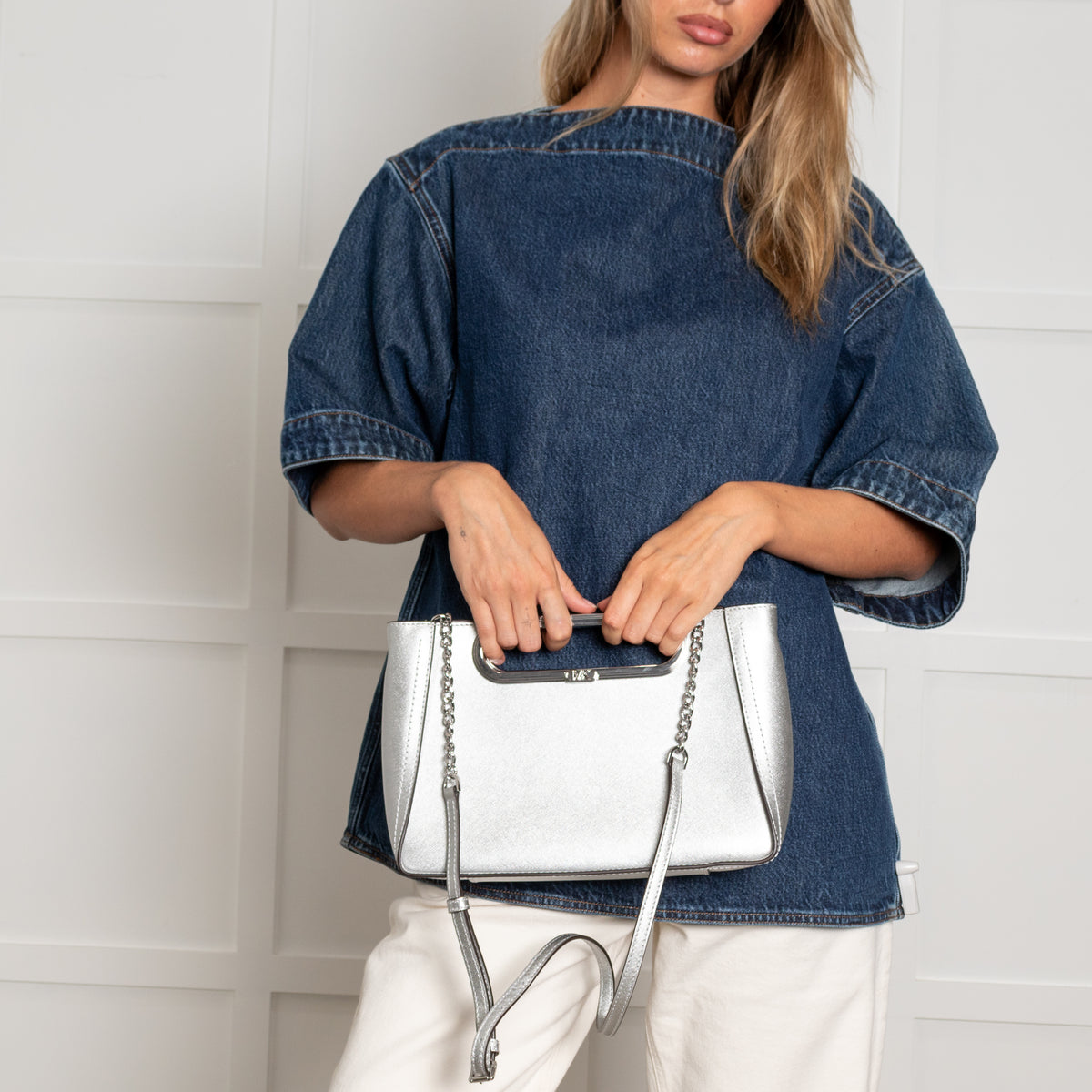 Michael Kors Silver Chelsea Saffiano Leather Convertable Crossbody Bag