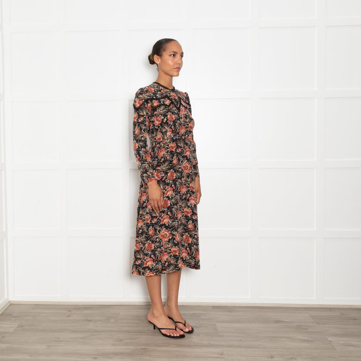 Sandro Black and Blush Floral Silk Long Sleeve Mini Dress