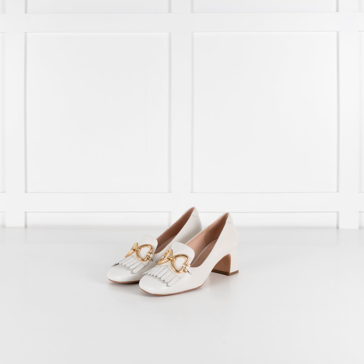 Kate Spade Cream Leather Gold Buckle Block Heeled Loafers