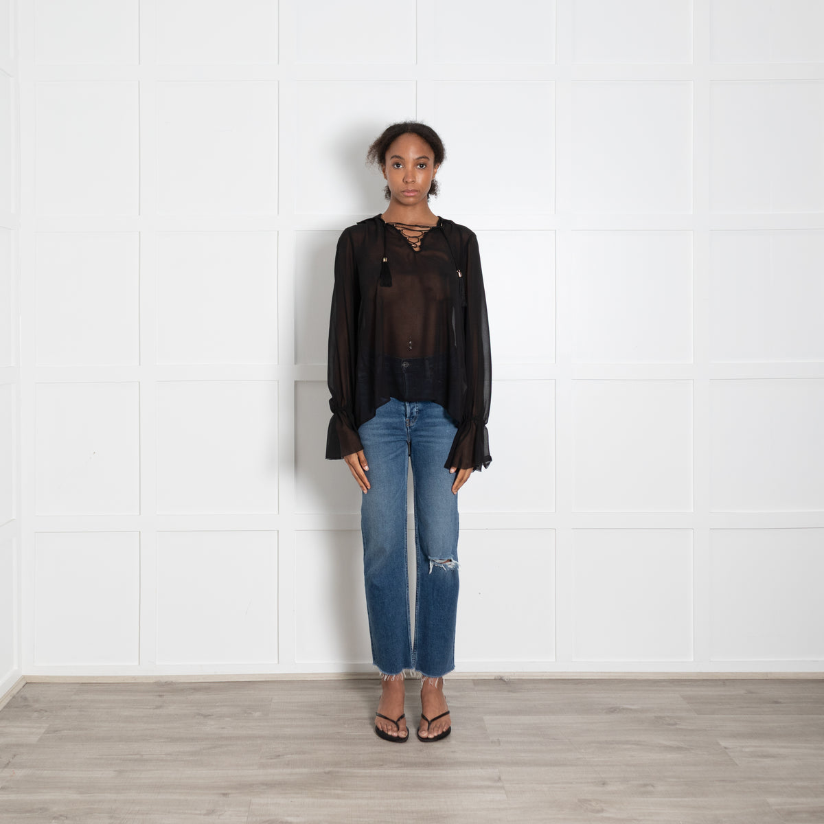 Versace Collection Lace Up Sheer Black Blouse