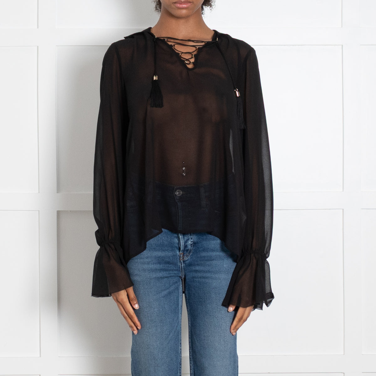 Versace Collection Lace Up Sheer Black Blouse
