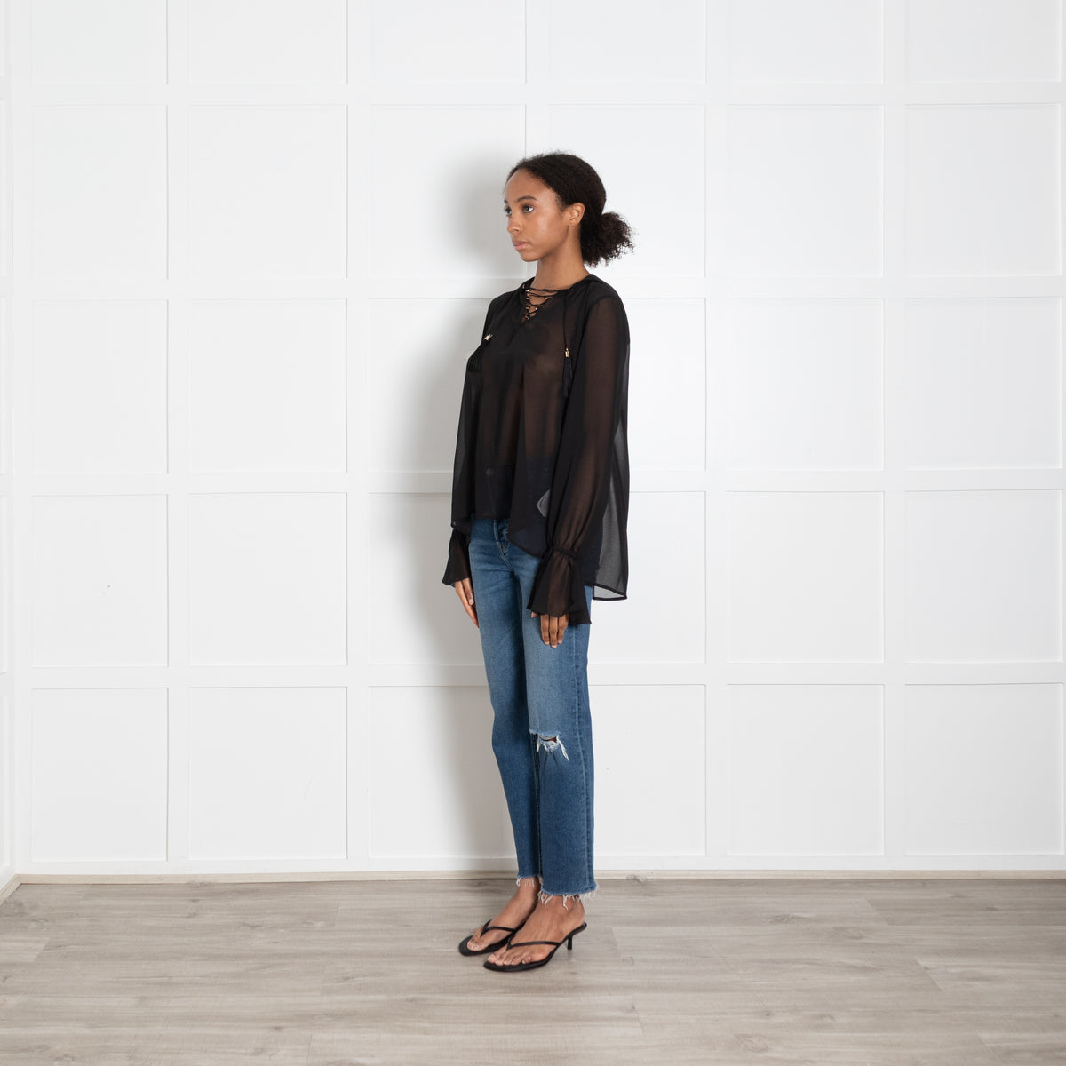 Versace Collection Lace Up Sheer Black Blouse
