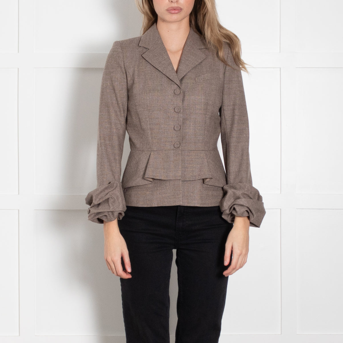 Paule Ka Brown Cream Check Ruffled Sleeves Wool Jacket