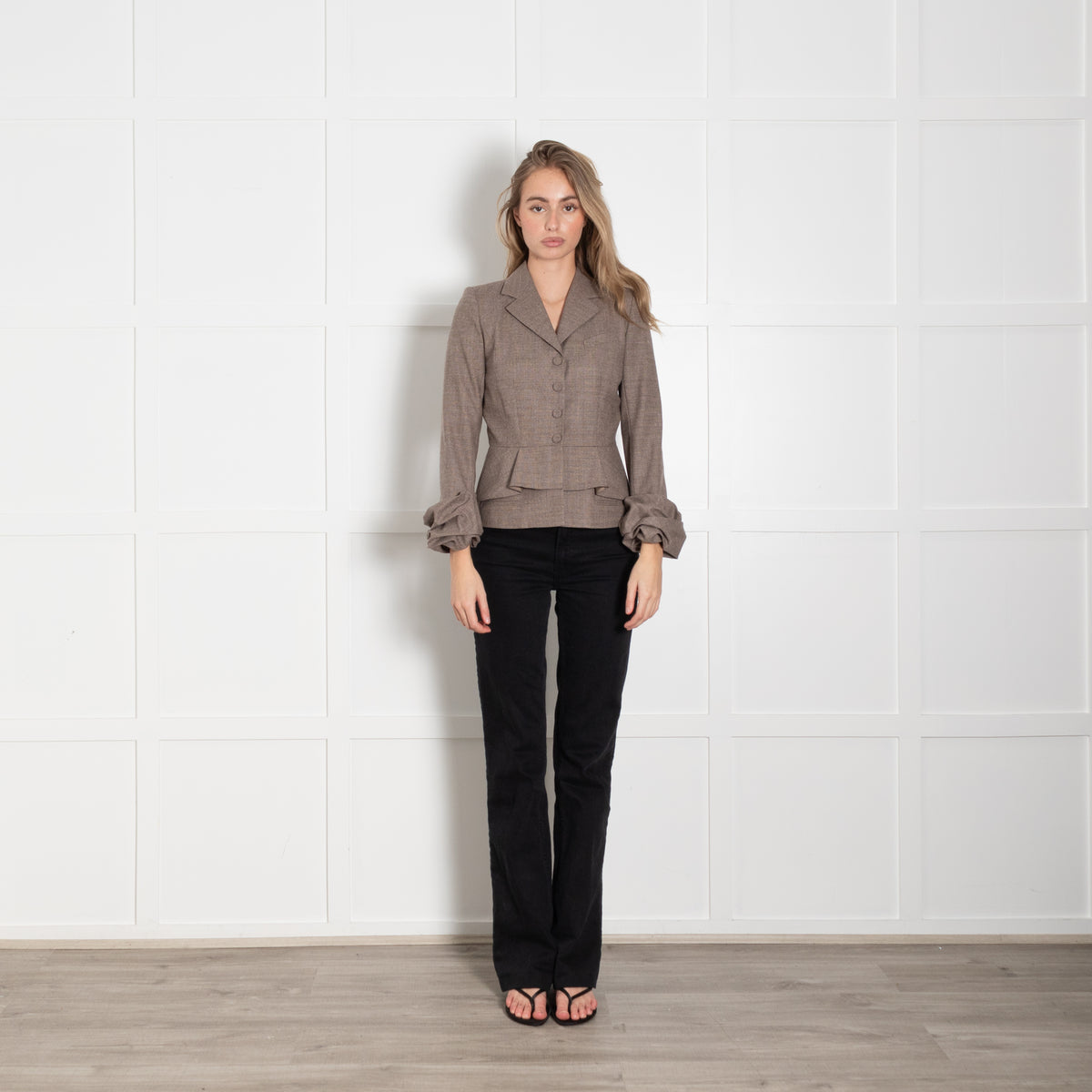 Paule Ka Brown Cream Check Ruffled Sleeves Wool Jacket