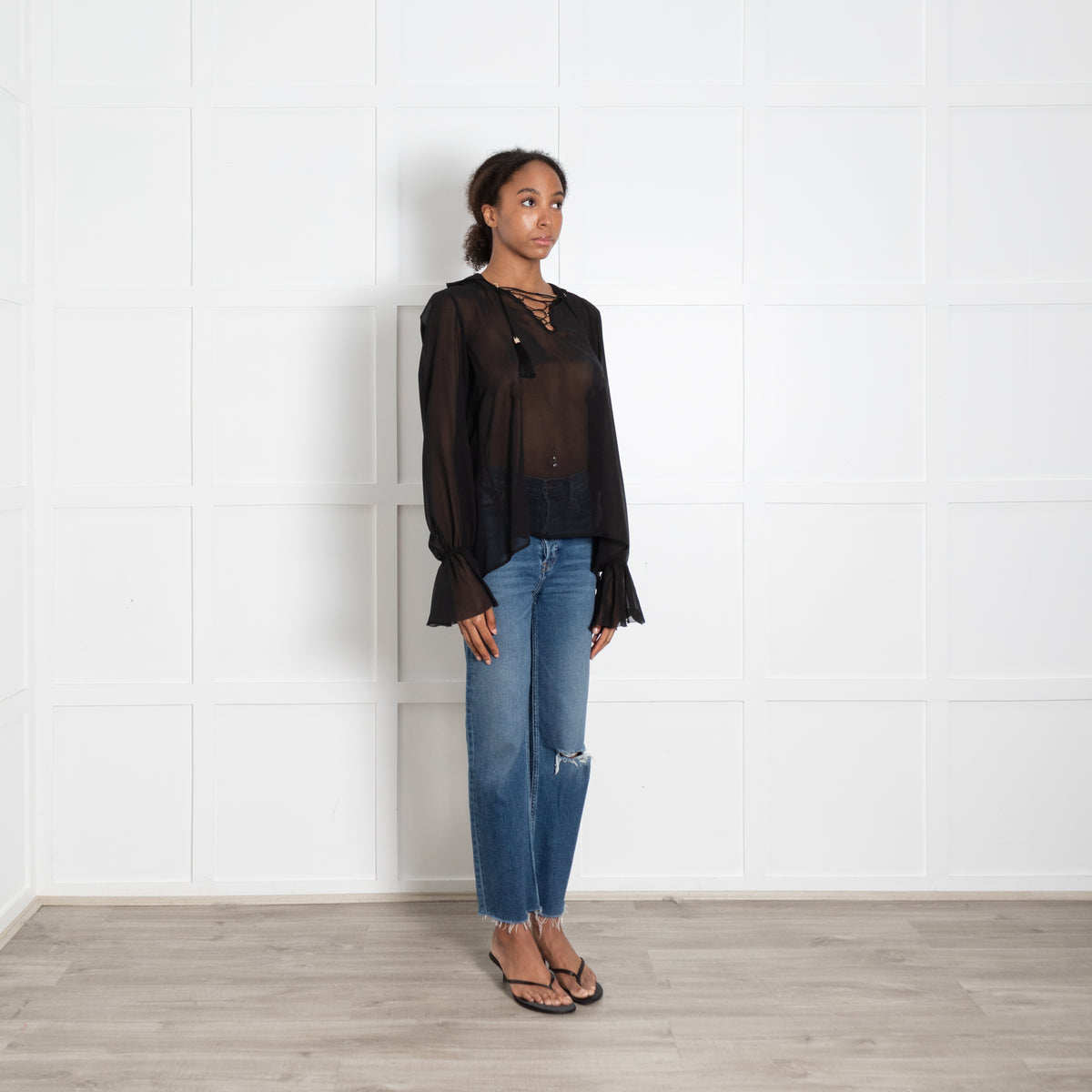 Versace Collection Lace Up Sheer Black Blouse