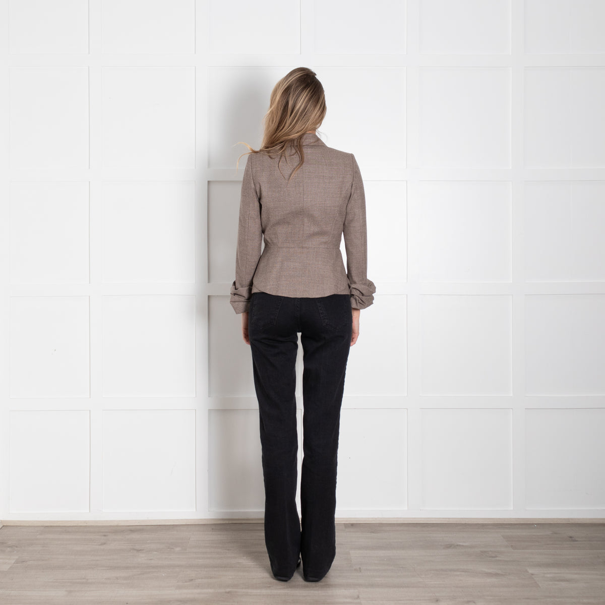 Paule Ka Brown Cream Check Ruffled Sleeves Wool Jacket