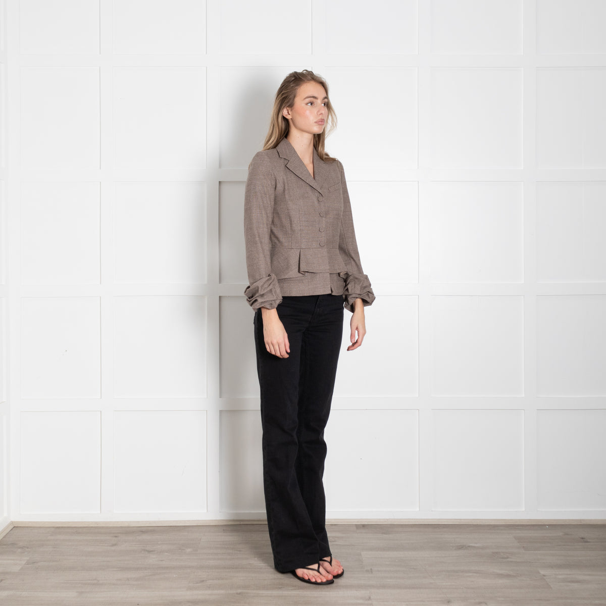 Paule Ka Brown Cream Check Ruffled Sleeves Wool Jacket