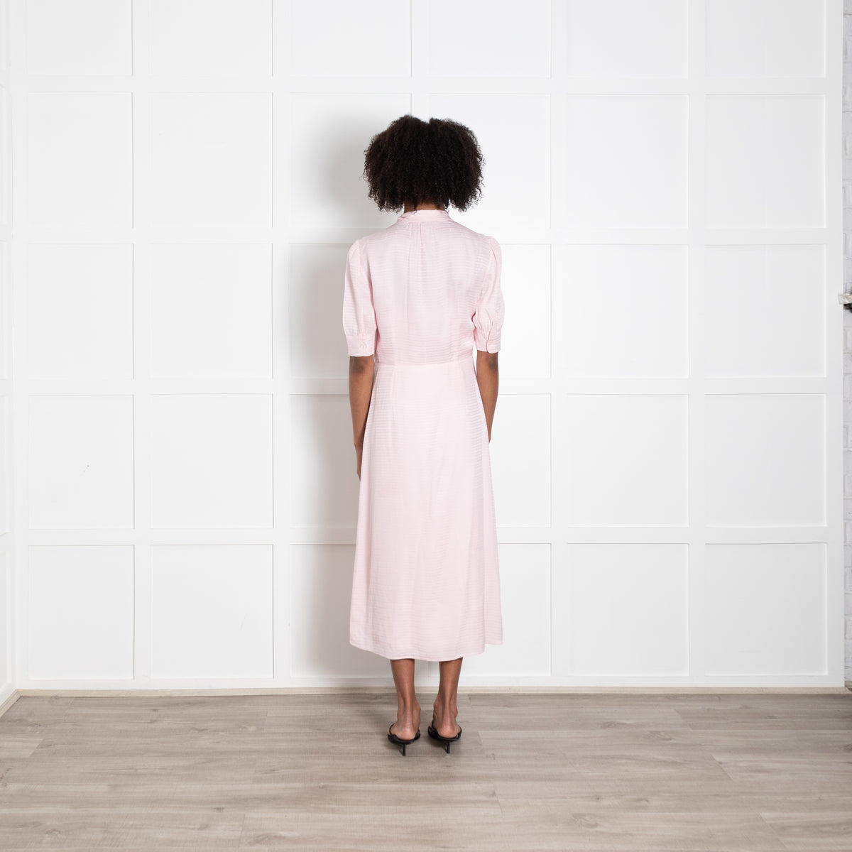 Prada Pale Pink Logo Print Silk Short Sleeve Pussybow Dress With Slip