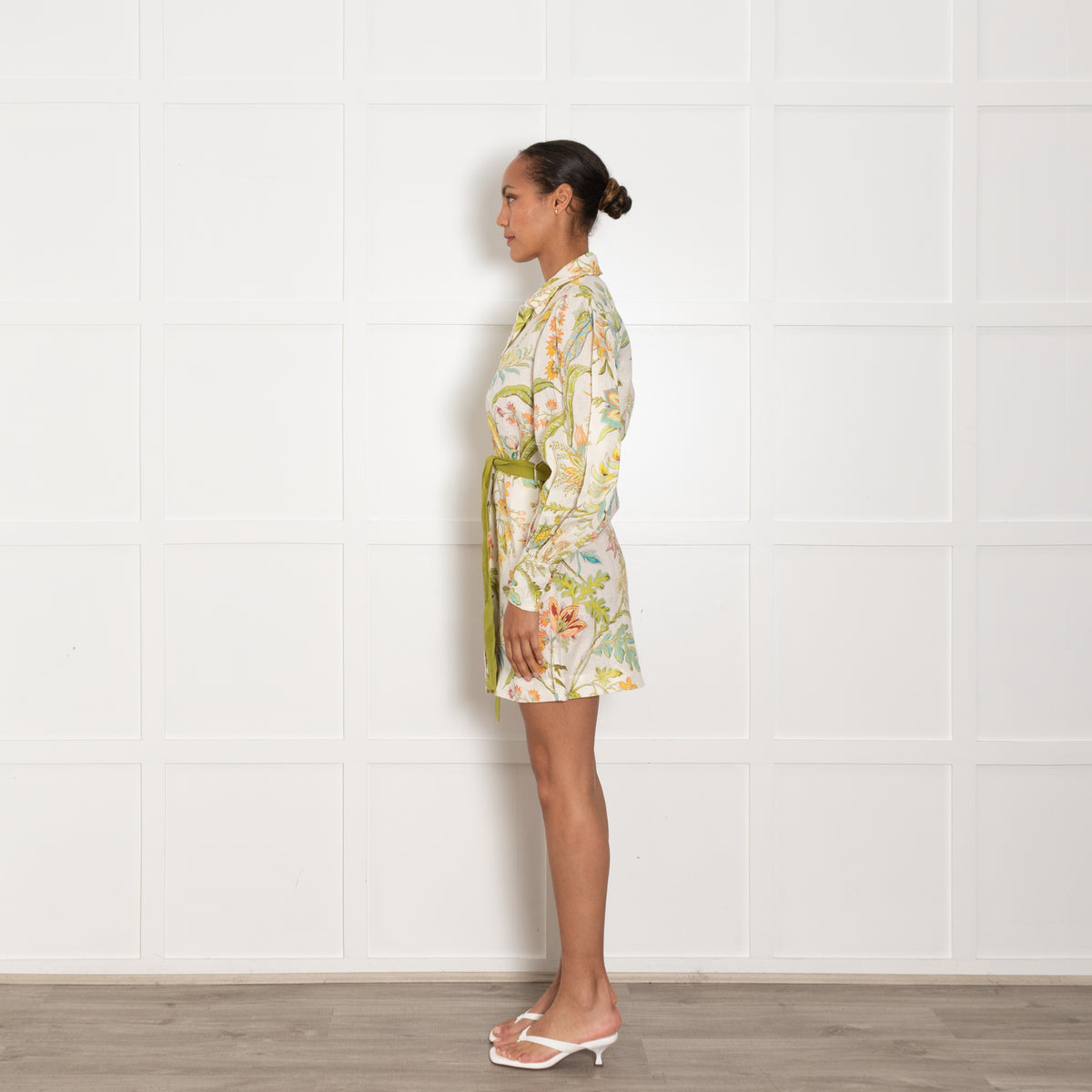 Alemais Cream Green Yellow Floral Belted Linen Dress