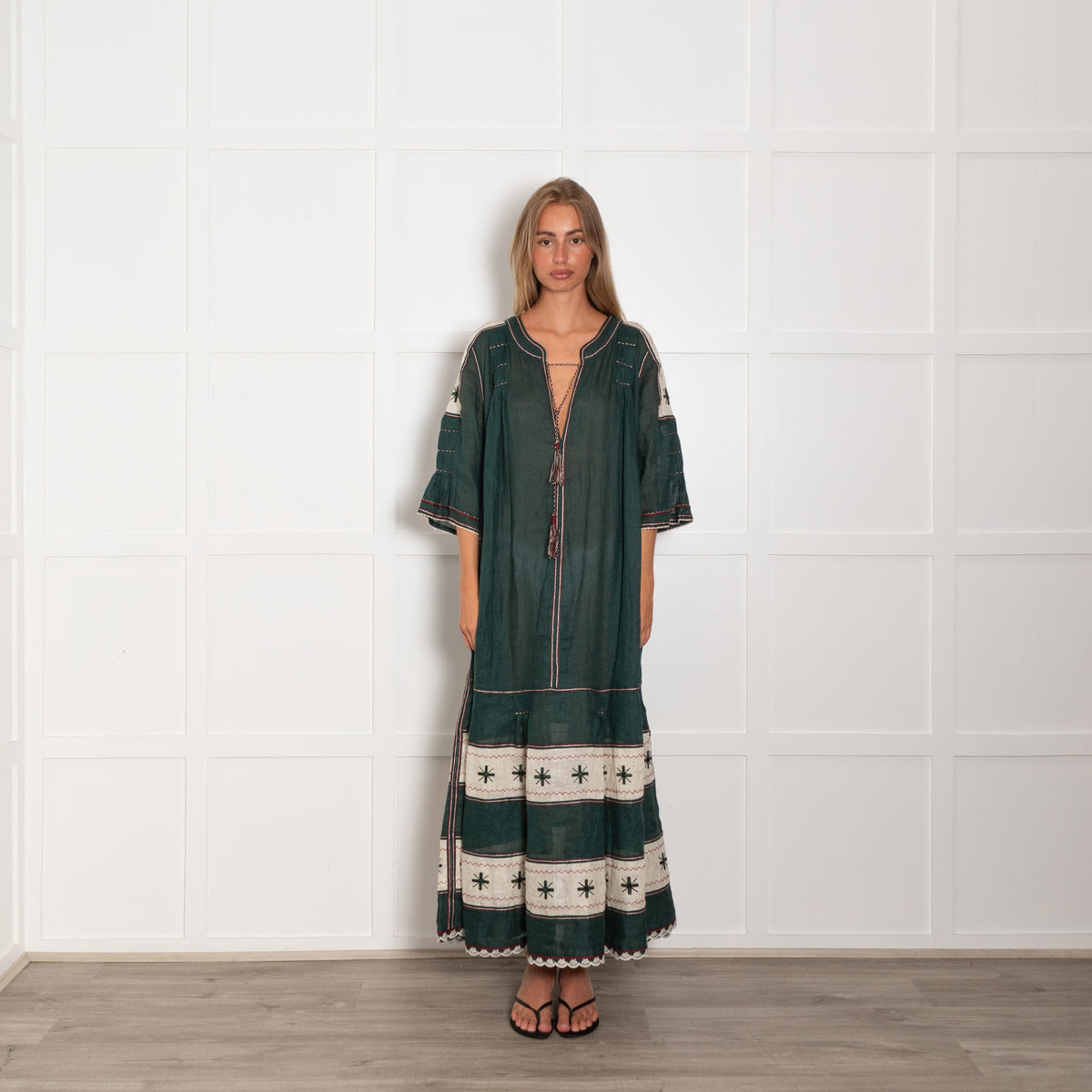 Vita Kin Dark Green Cream Linen Long Kaftan Dress