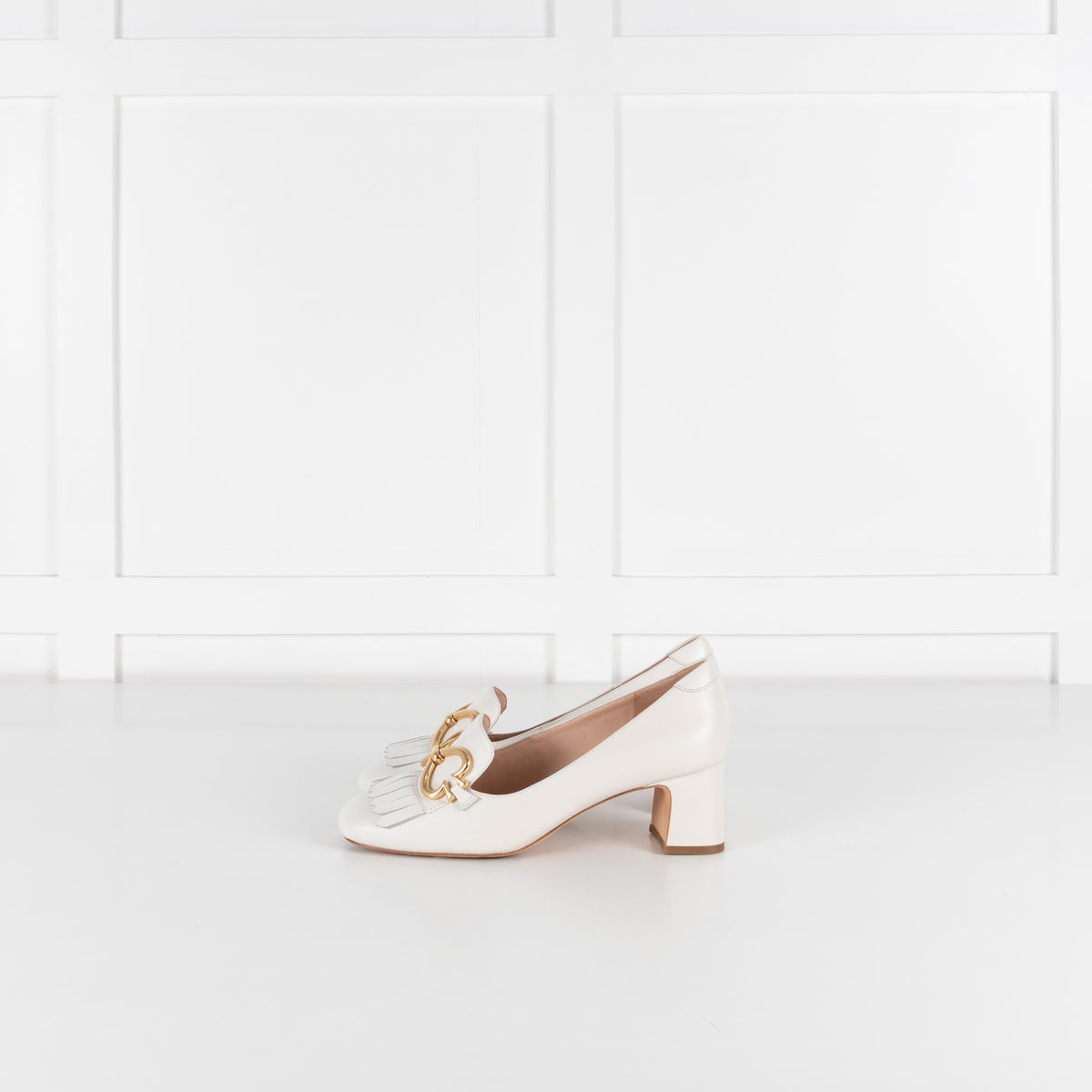 Kate Spade Cream Leather Gold Buckle Block Heeled Loafers