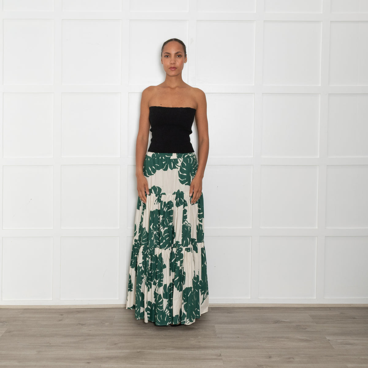 La Double J  Cream Green Botanical Cotton Tiered Maxi Skirt
