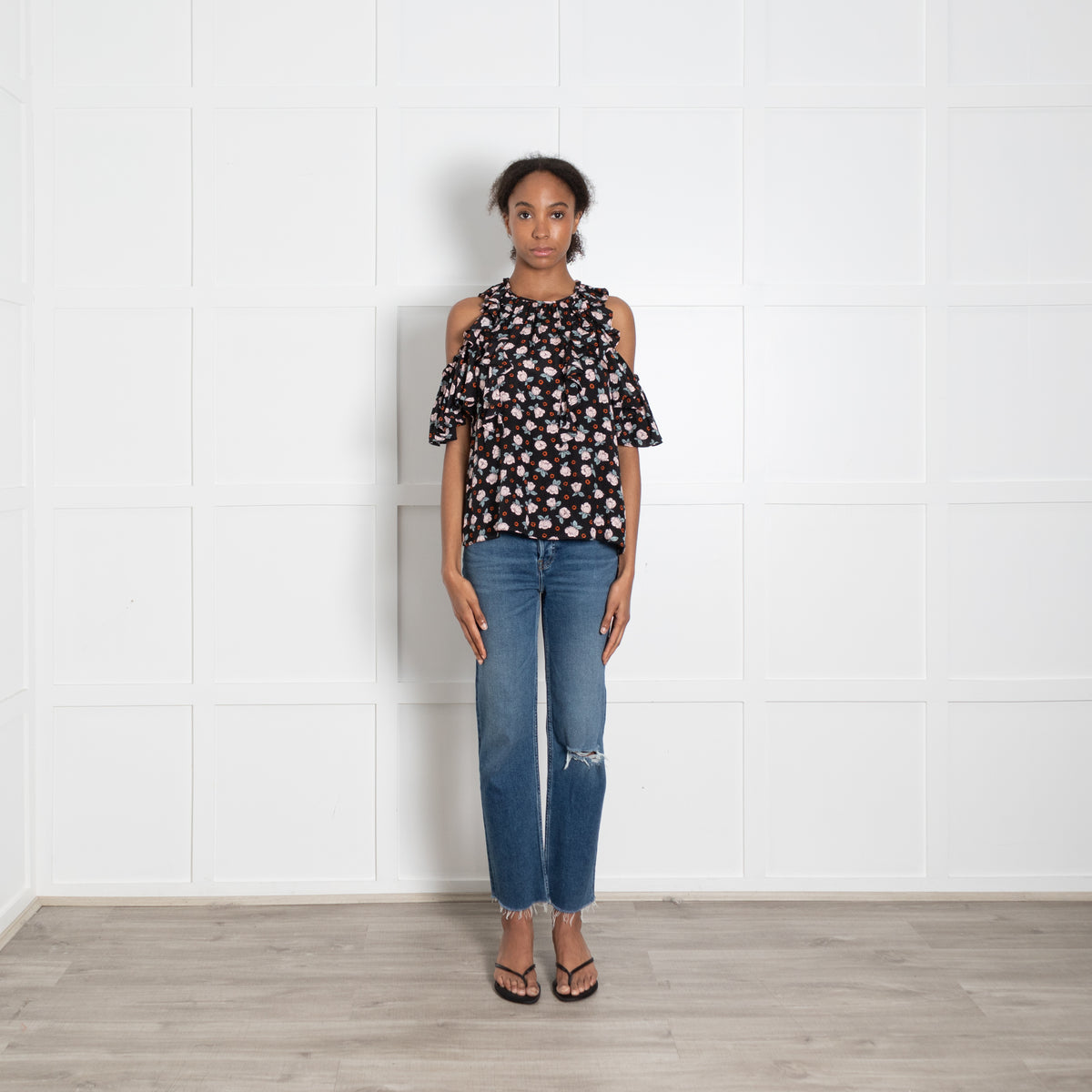Rebecca Taylor Black Top With Pink Flower And Fril Short Sleeve