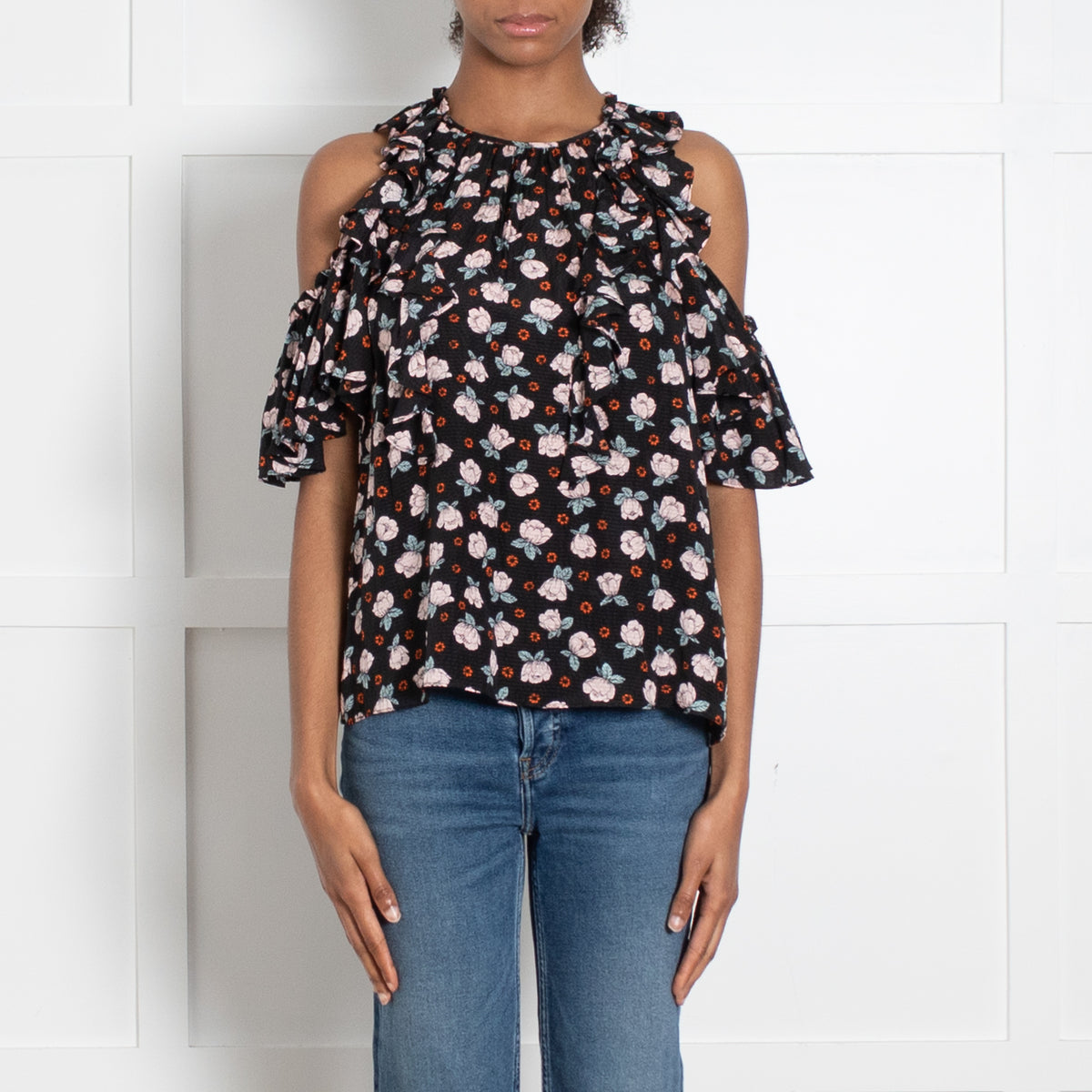 Rebecca Taylor Black Top With Pink Flower And Fril Short Sleeve