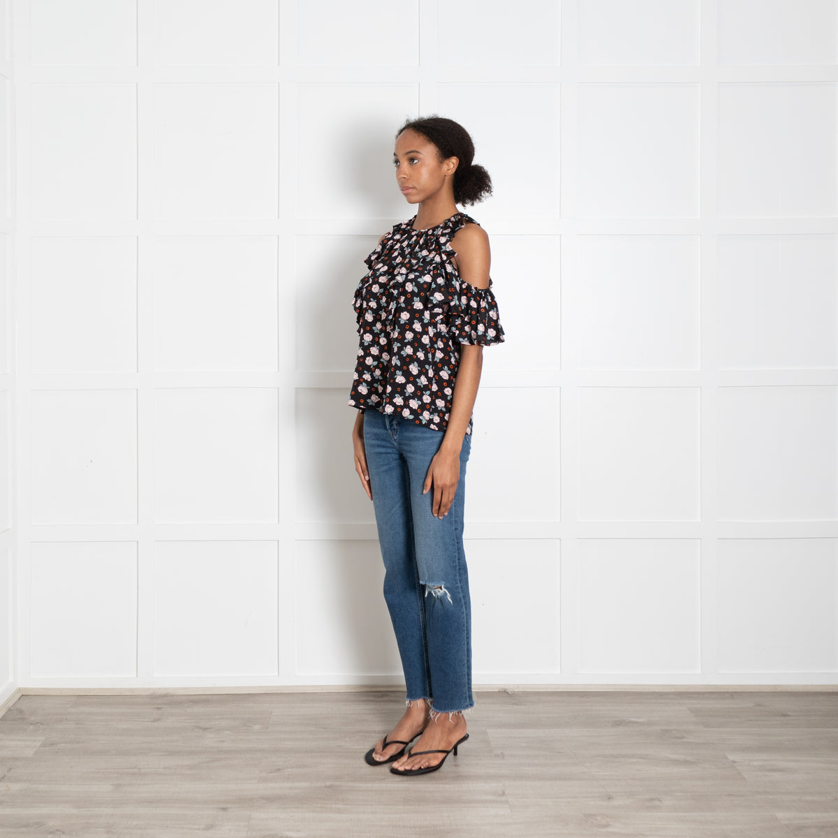 Rebecca Taylor Black Top With Pink Flower And Fril Short Sleeve