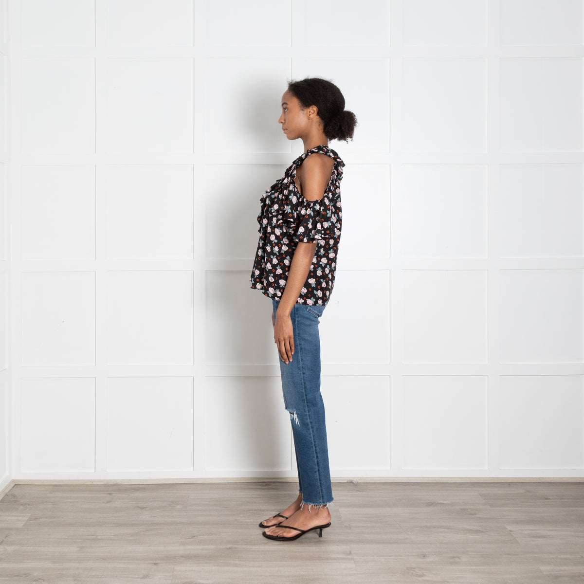 Rebecca Taylor Black Top With Pink Flower And Fril Short Sleeve