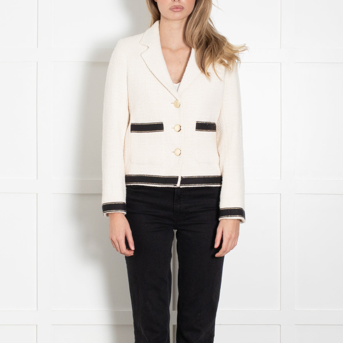 Helen For Denim Wardrobe Cream Black Trim Tweedy Jacket