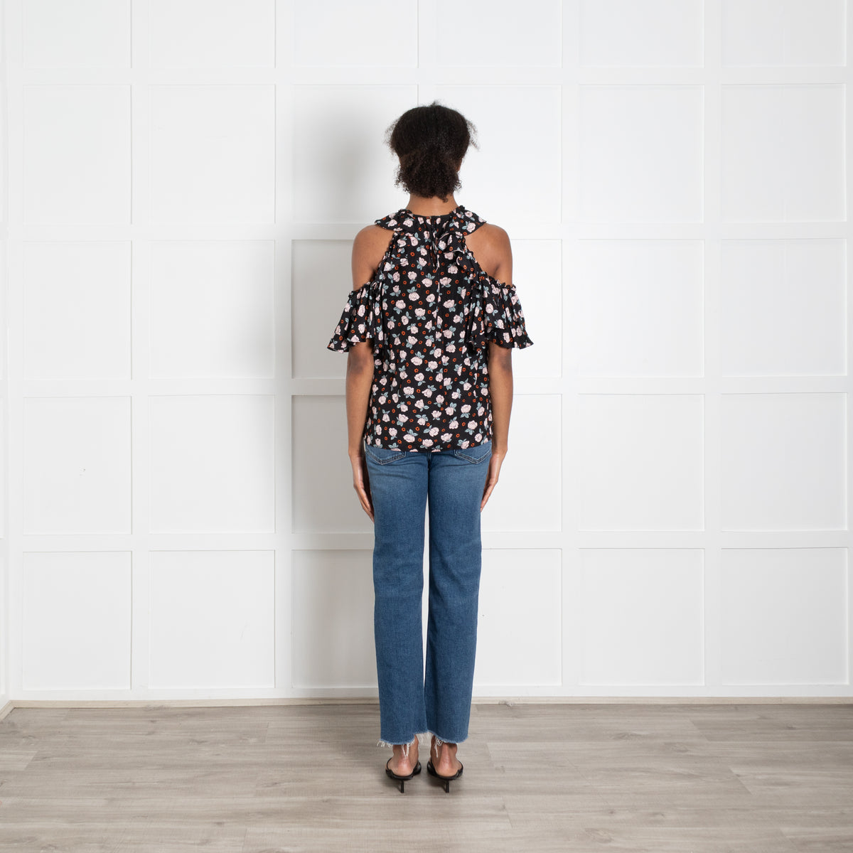 Rebecca Taylor Black Top With Pink Flower And Fril Short Sleeve