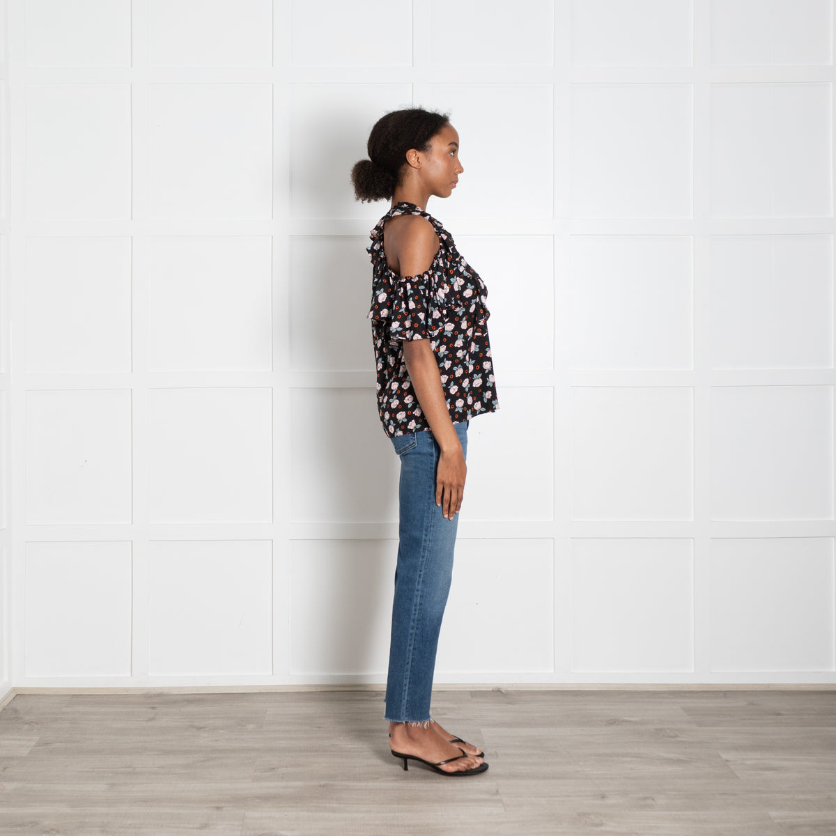 Rebecca Taylor Black Top With Pink Flower And Fril Short Sleeve