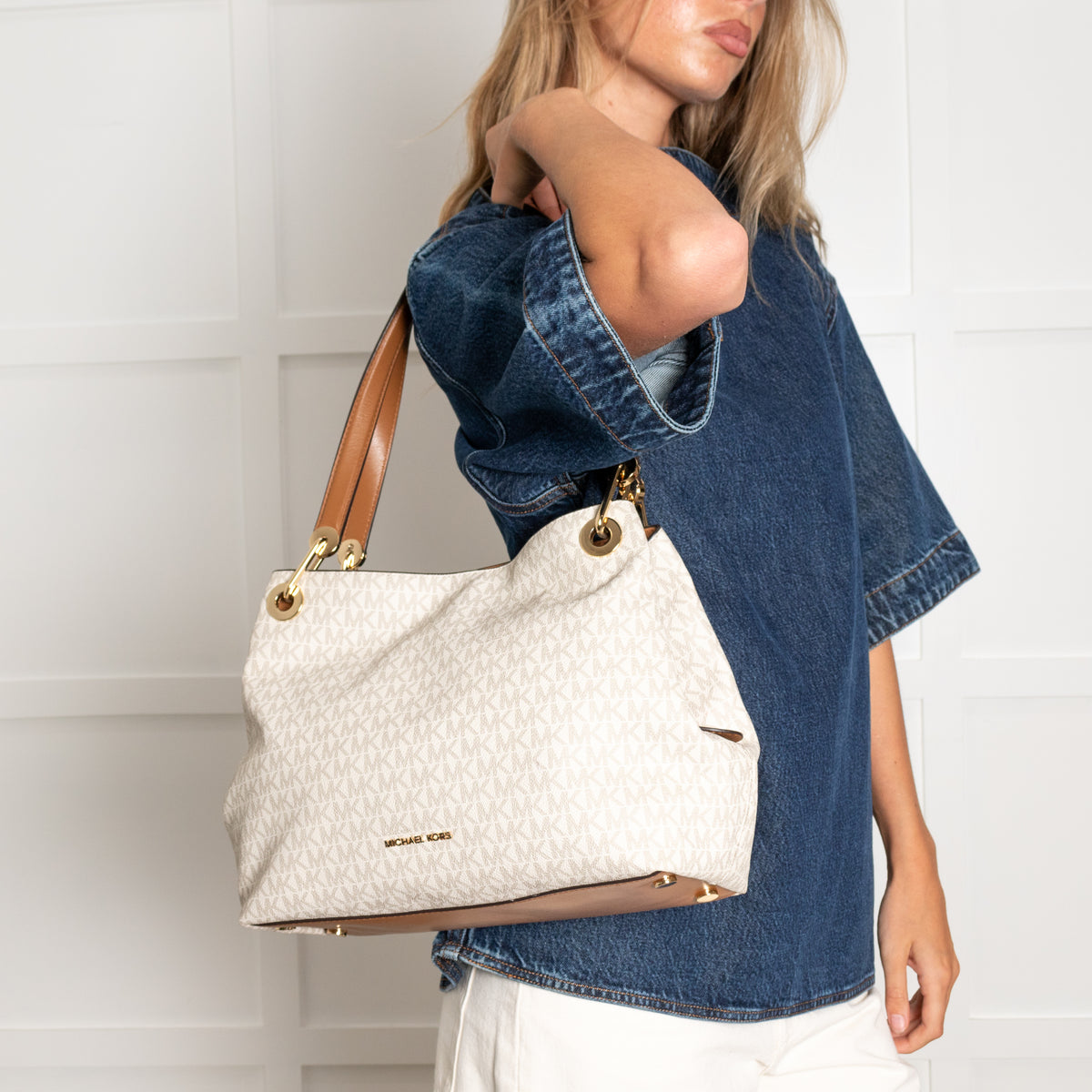Michael Kors Cream Logo Print Kensington Tote Bag With Tan Straps
