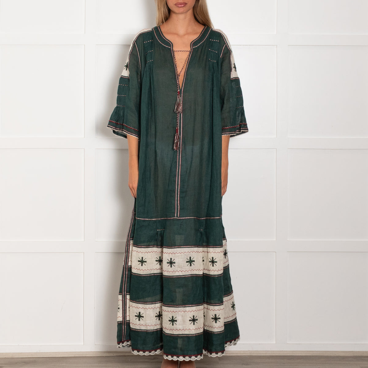 Vita Kin Dark Green Cream Linen Long Kaftan Dress