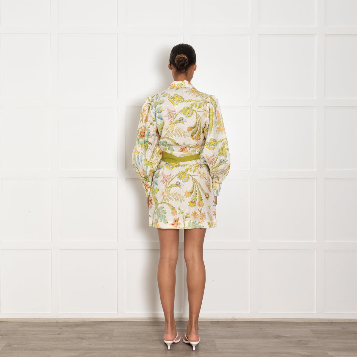 Alemais Cream Green Yellow Floral Belted Linen Dress
