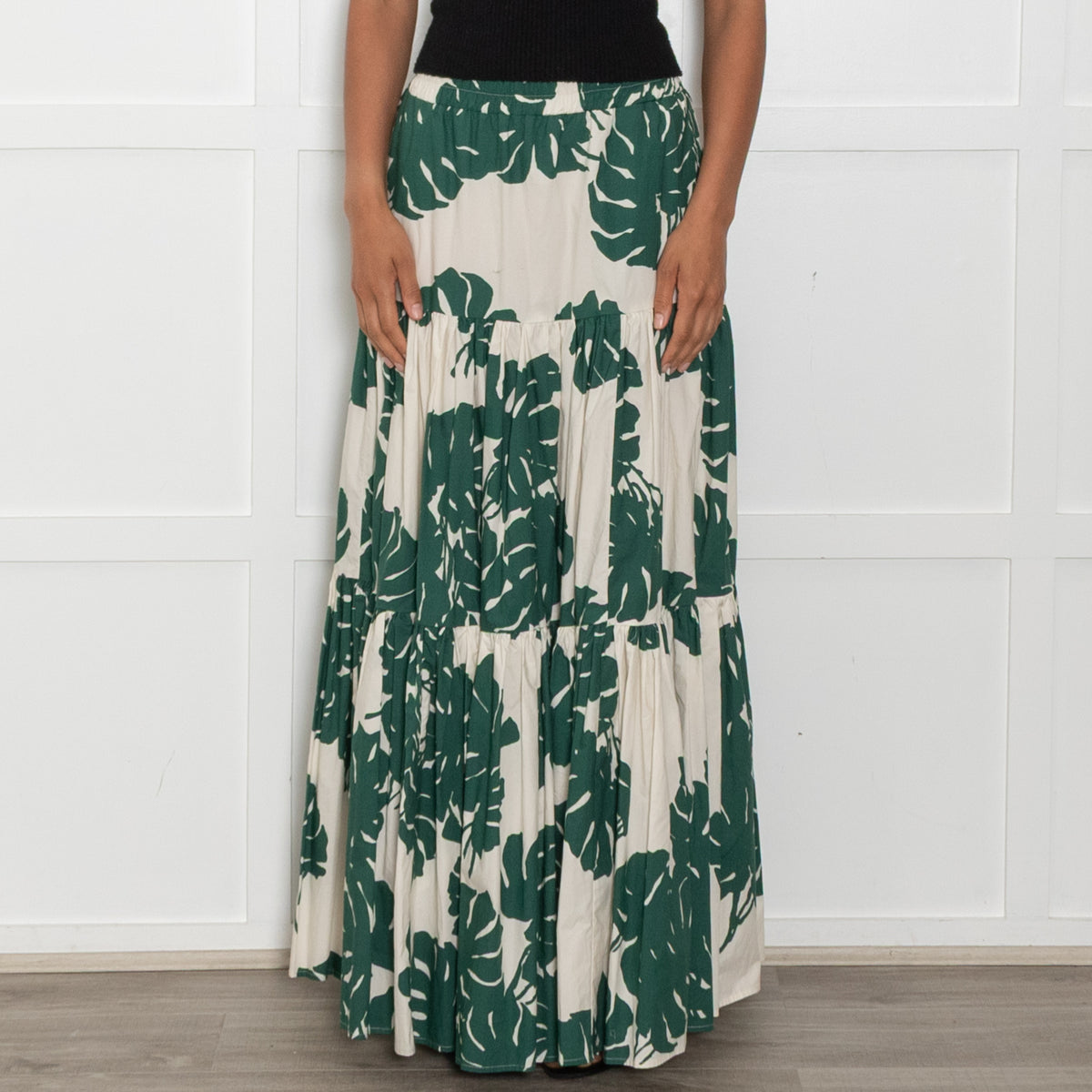 La Double J  Cream Green Botanical Cotton Tiered Maxi Skirt