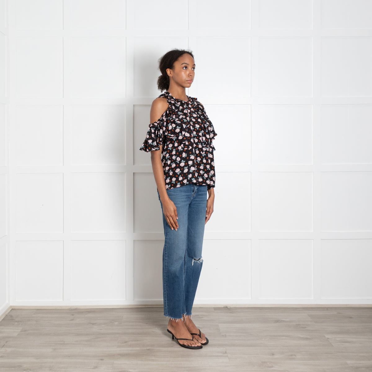 Rebecca Taylor Black Top With Pink Flower And Fril Short Sleeve