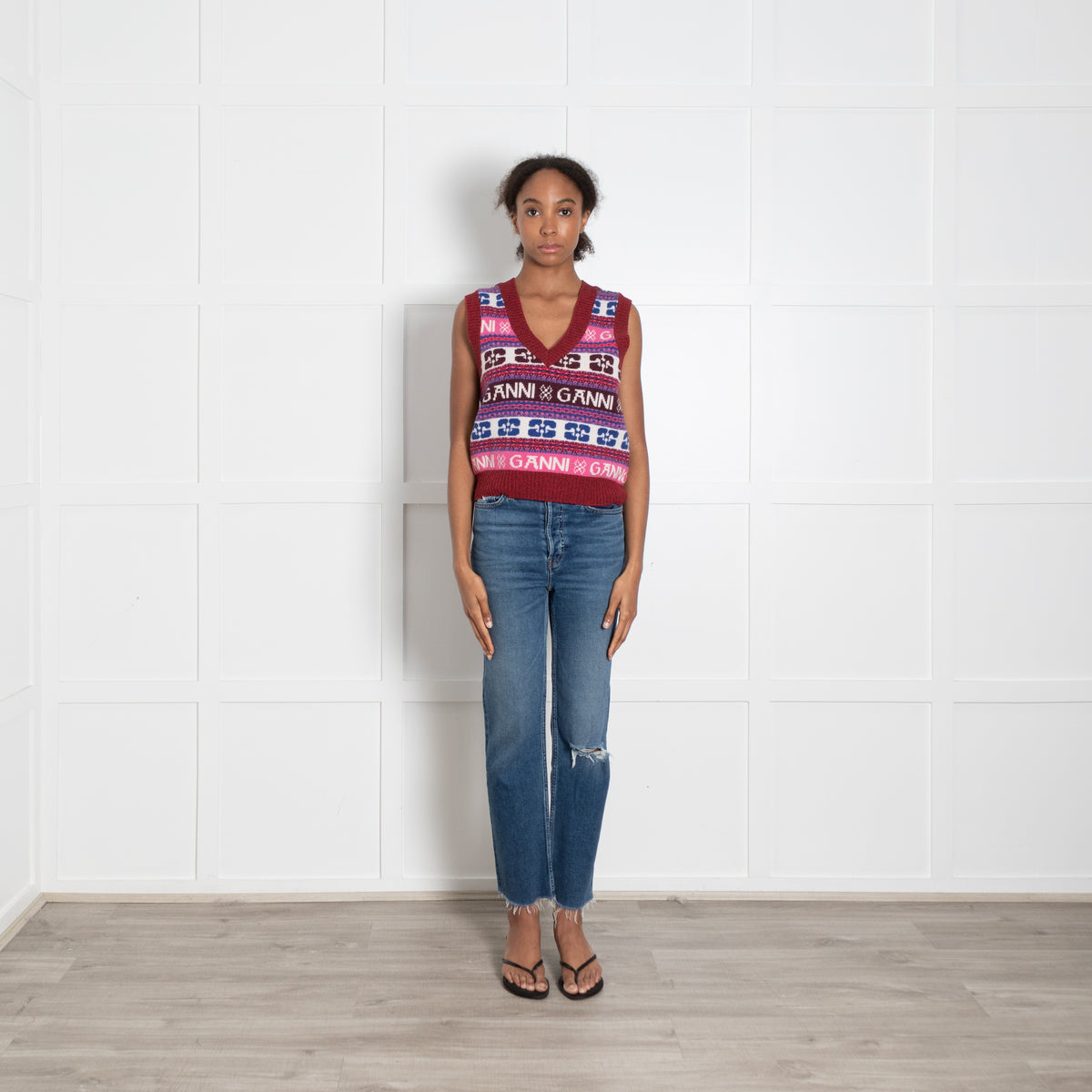 Ganni Pink, Red and Blue Logo V Neck Knitted Vest