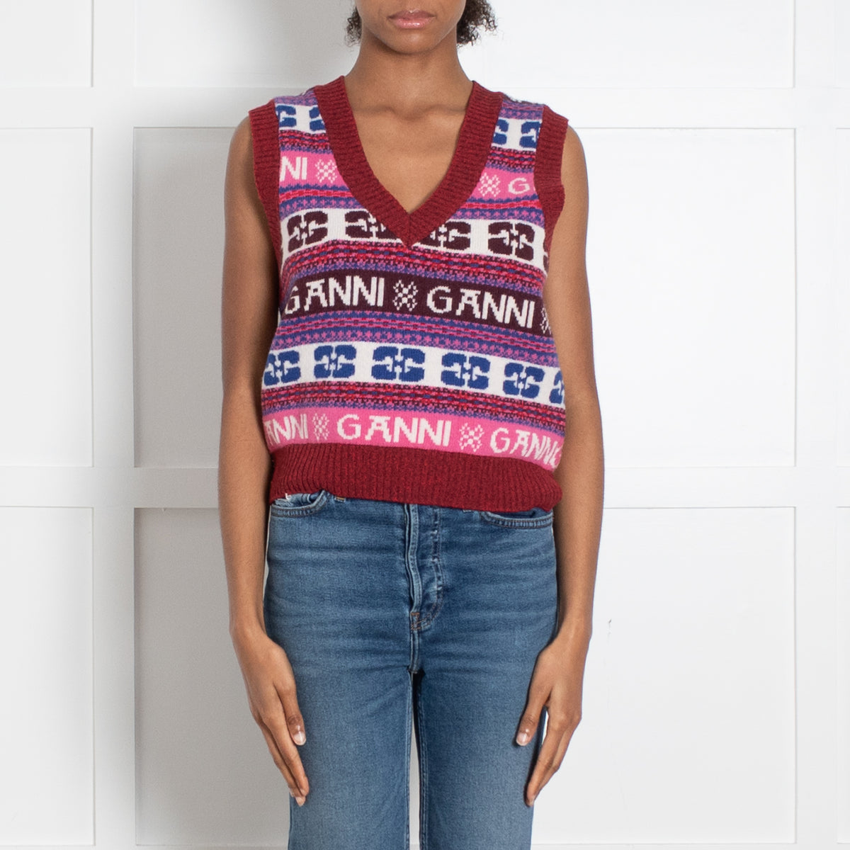Ganni Pink, Red and Blue Logo V Neck Knitted Vest