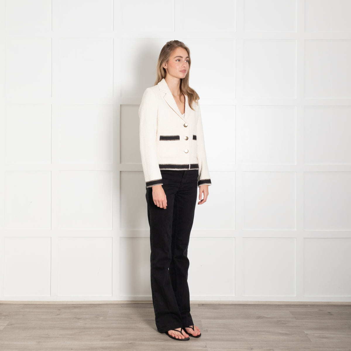 Helen For Denim Wardrobe Cream Black Trim Tweedy Jacket