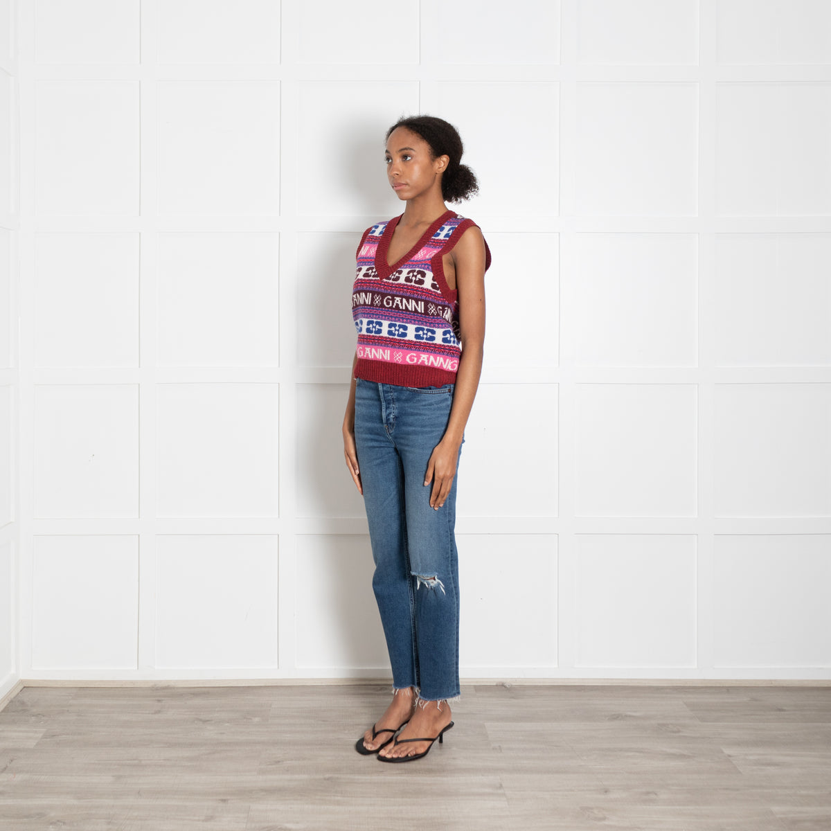 Ganni Pink, Red and Blue Logo V Neck Knitted Vest