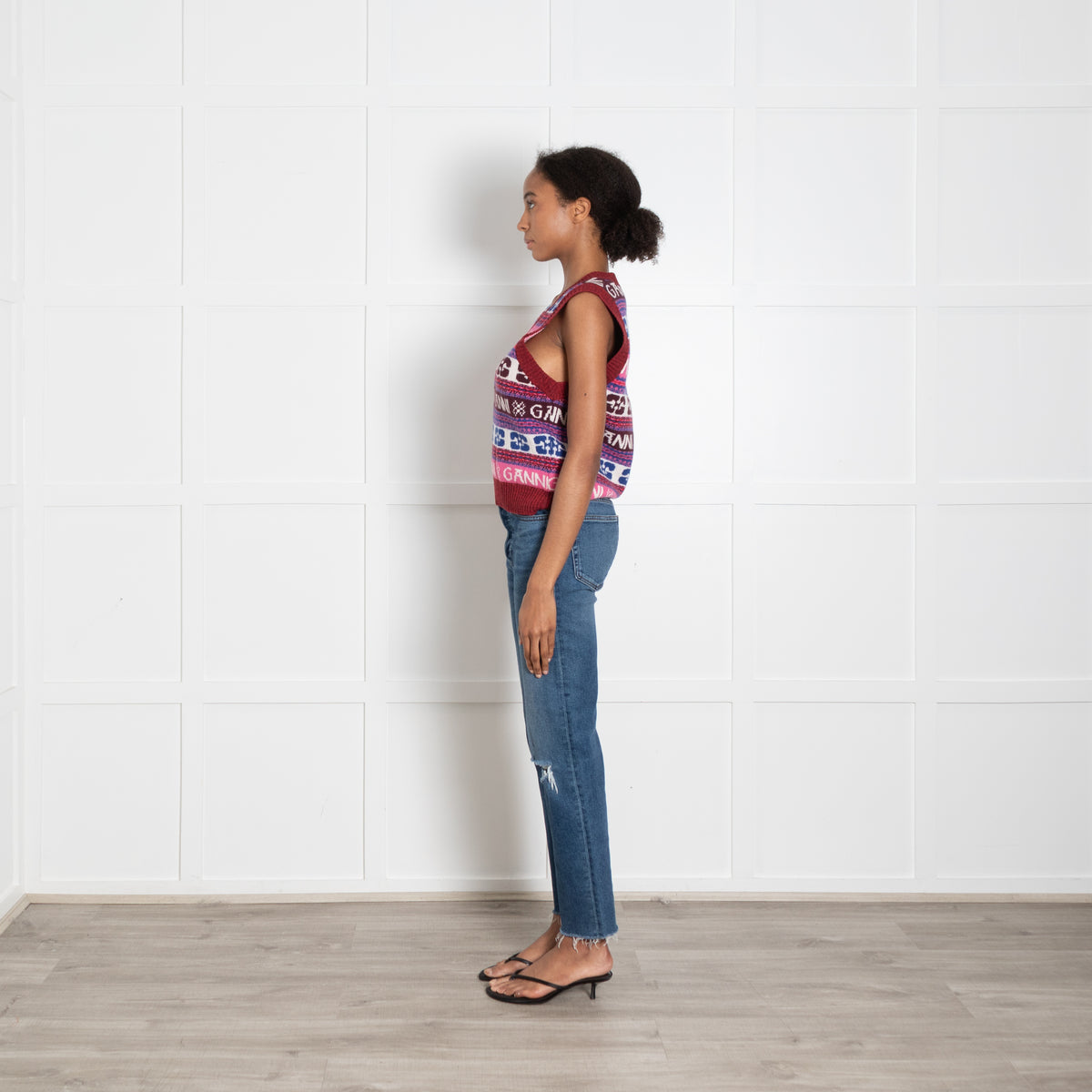 Ganni Pink, Red and Blue Logo V Neck Knitted Vest