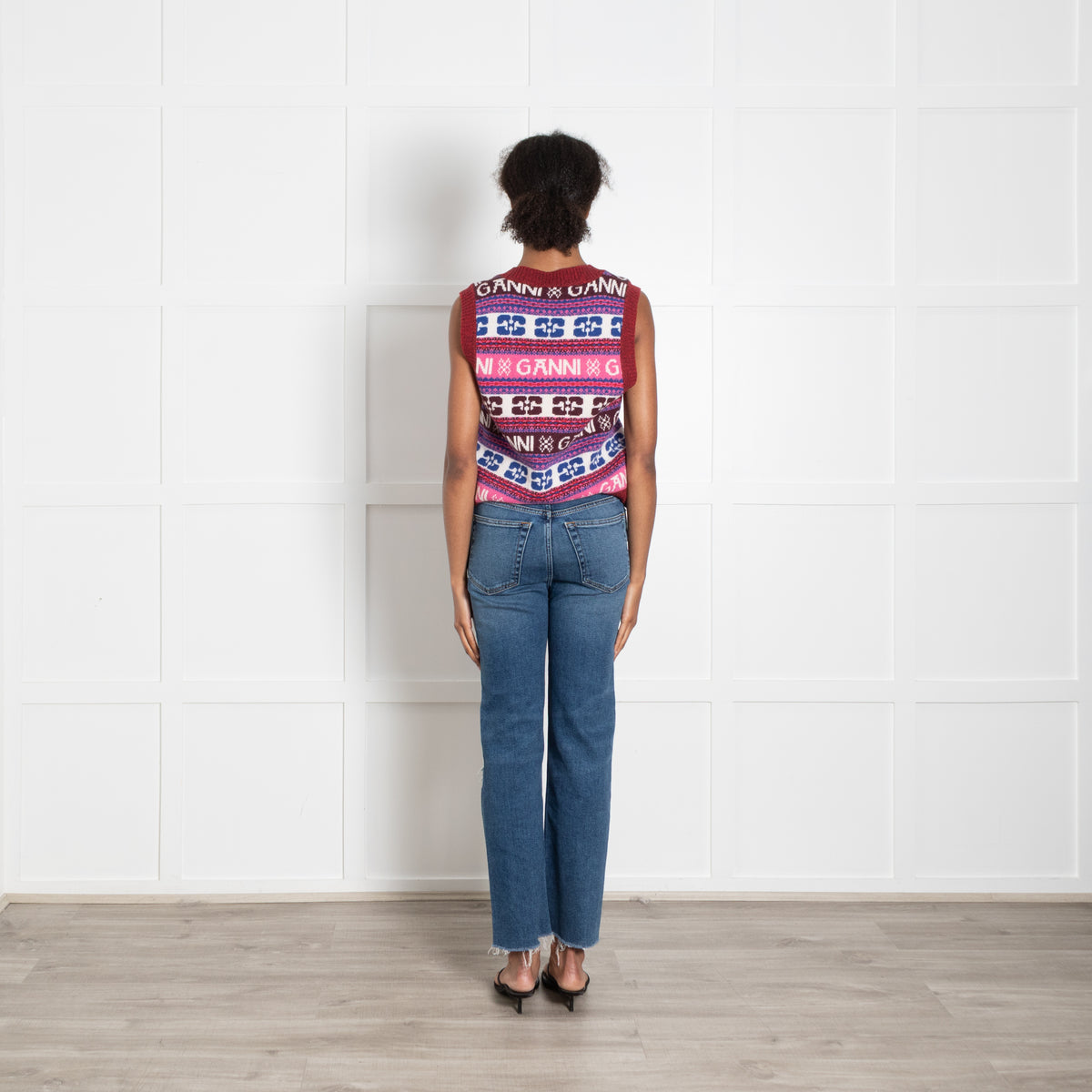 Ganni Pink, Red and Blue Logo V Neck Knitted Vest