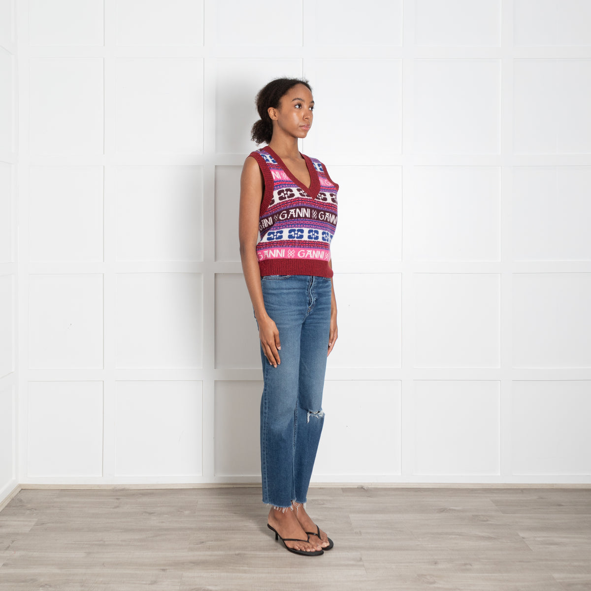 Ganni Pink, Red and Blue Logo V Neck Knitted Vest