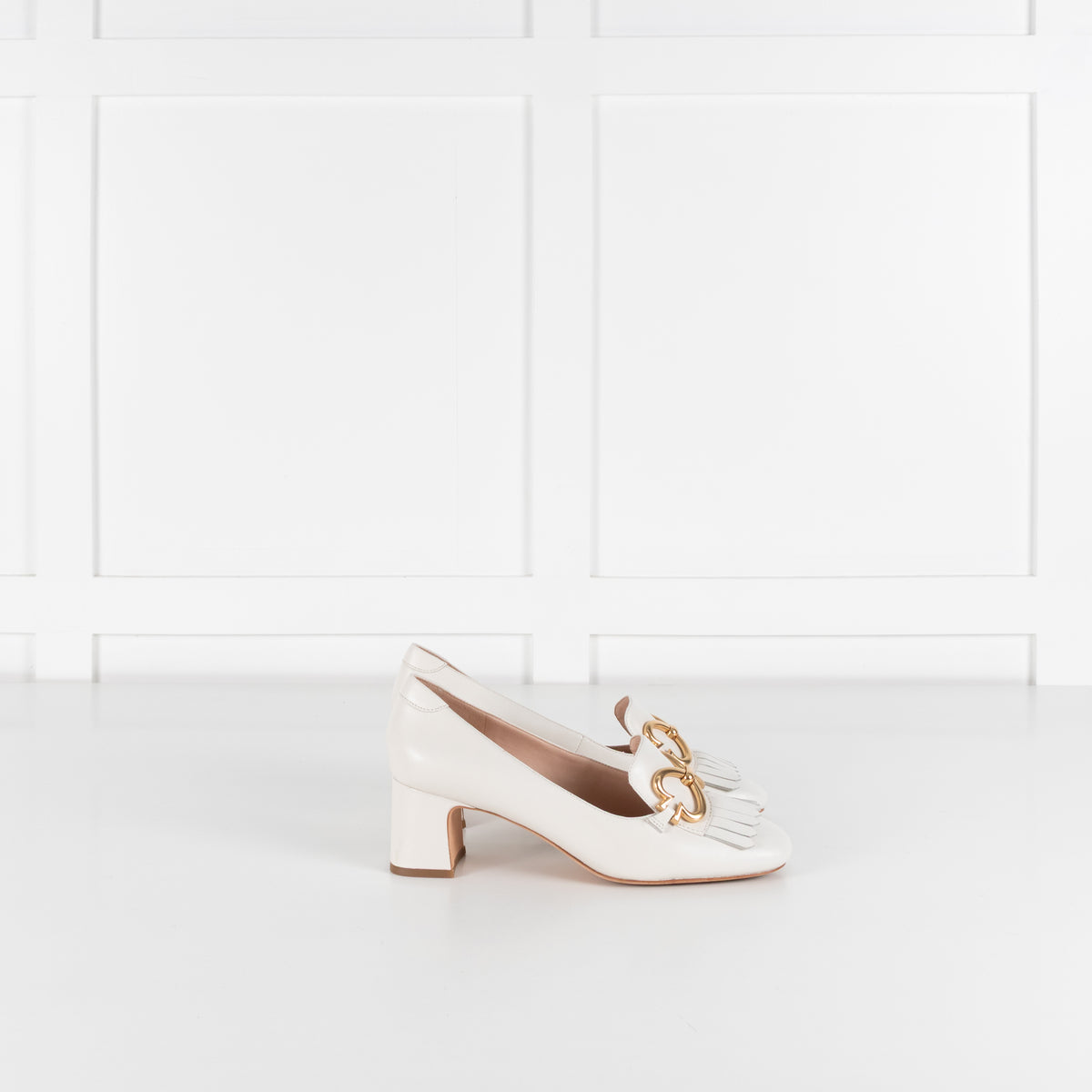 Kate Spade Cream Leather Gold Buckle Block Heeled Loafers