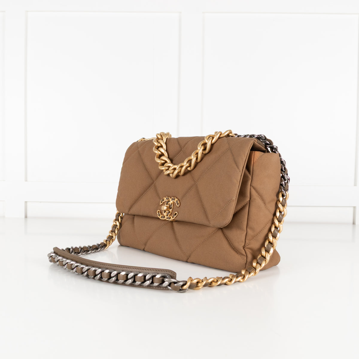 Chanel Fabric Khaki Quilted Shoulder Bag