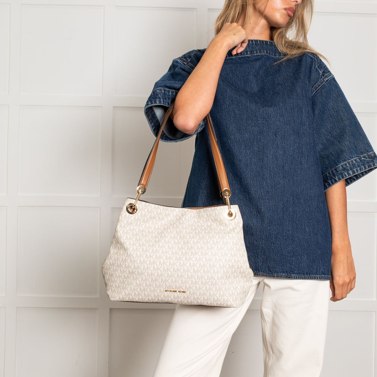 Michael Kors Cream Logo Print Kensington Tote Bag With Tan Straps