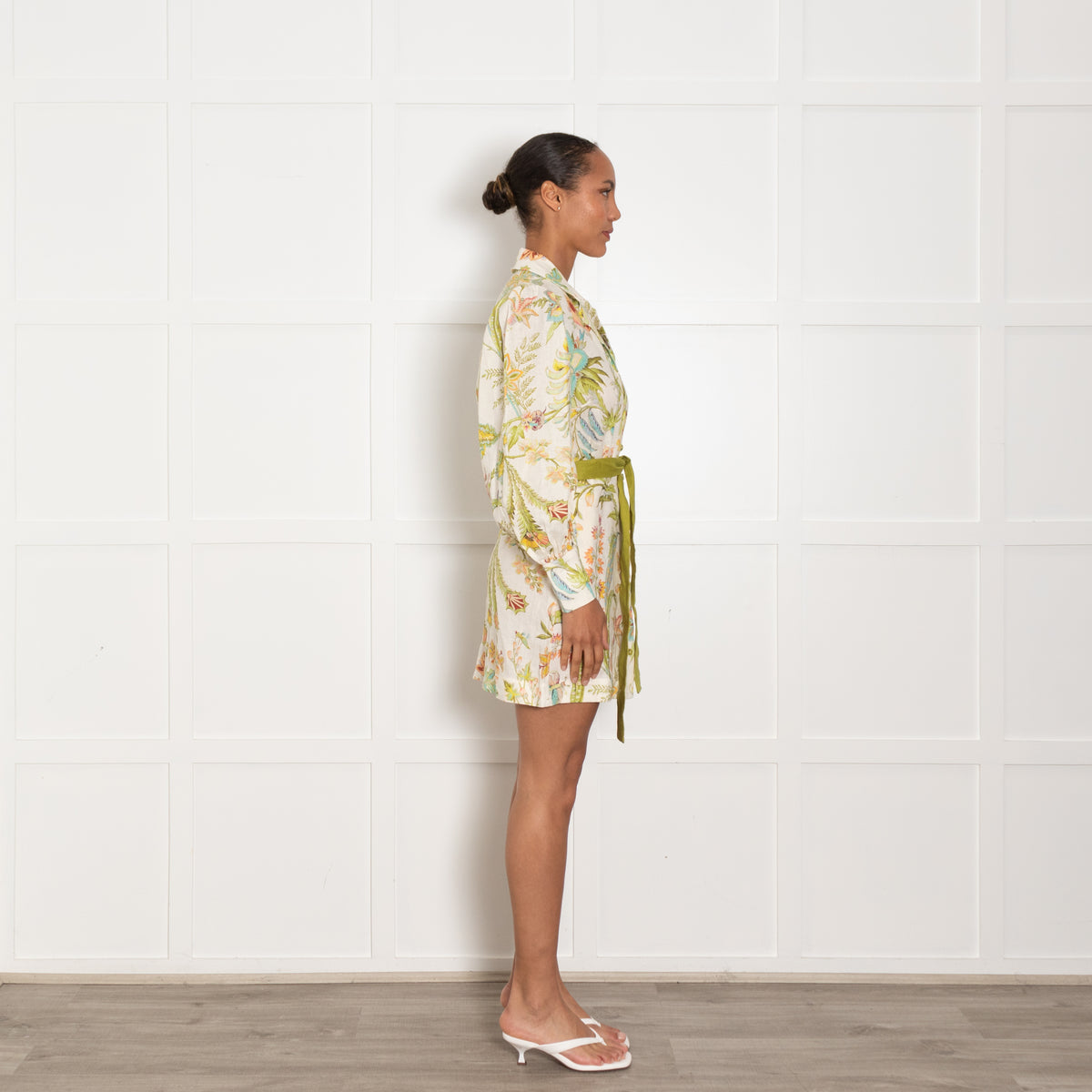 Alemais Cream Green Yellow Floral Belted Linen Dress