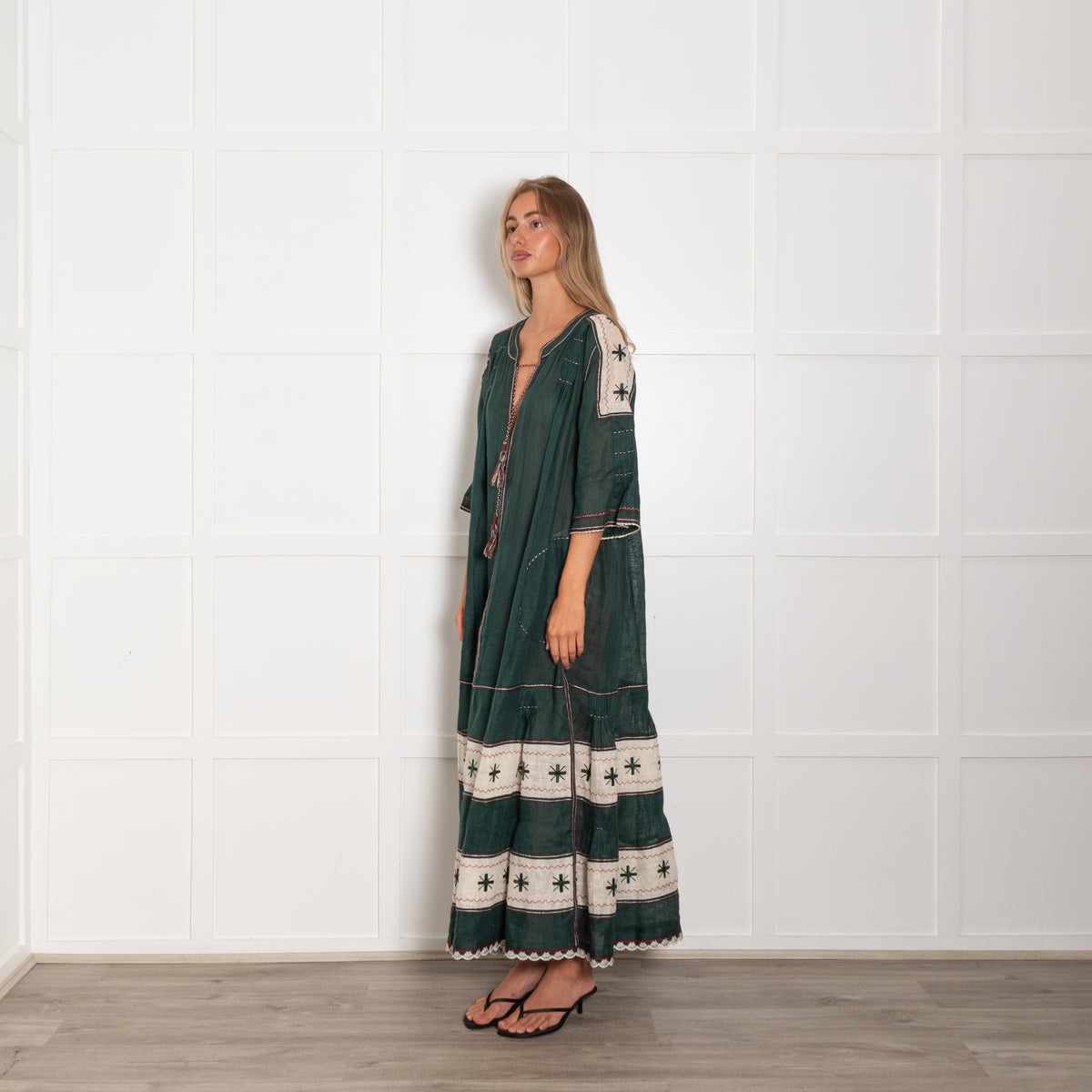 Vita Kin Dark Green Cream Linen Long Kaftan Dress