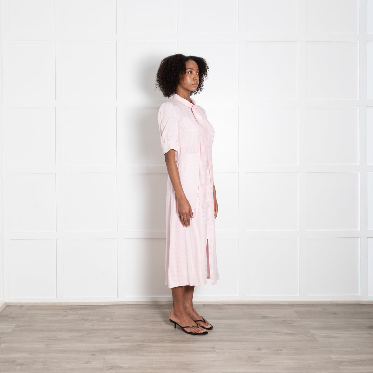 Prada Pale Pink Logo Print Silk Short Sleeve Pussybow Dress With Slip