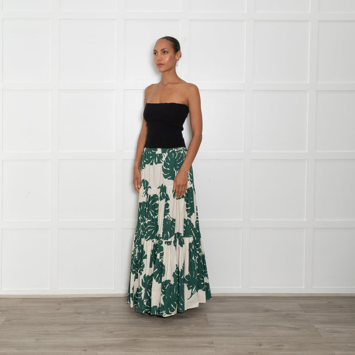 La Double J  Cream Green Botanical Cotton Tiered Maxi Skirt