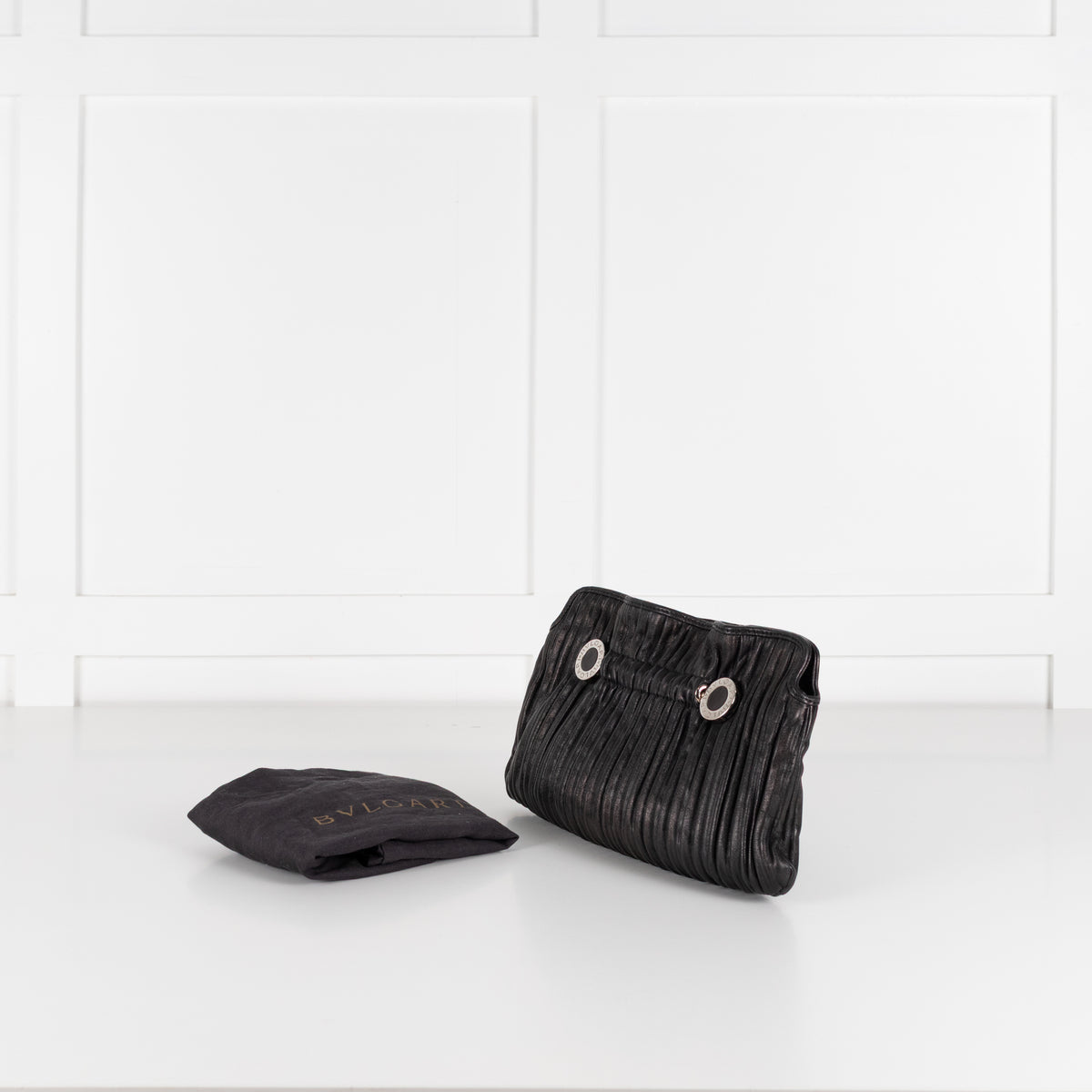 Bvlgari Black Pleated Leather Silver Hardware Clutch Bag