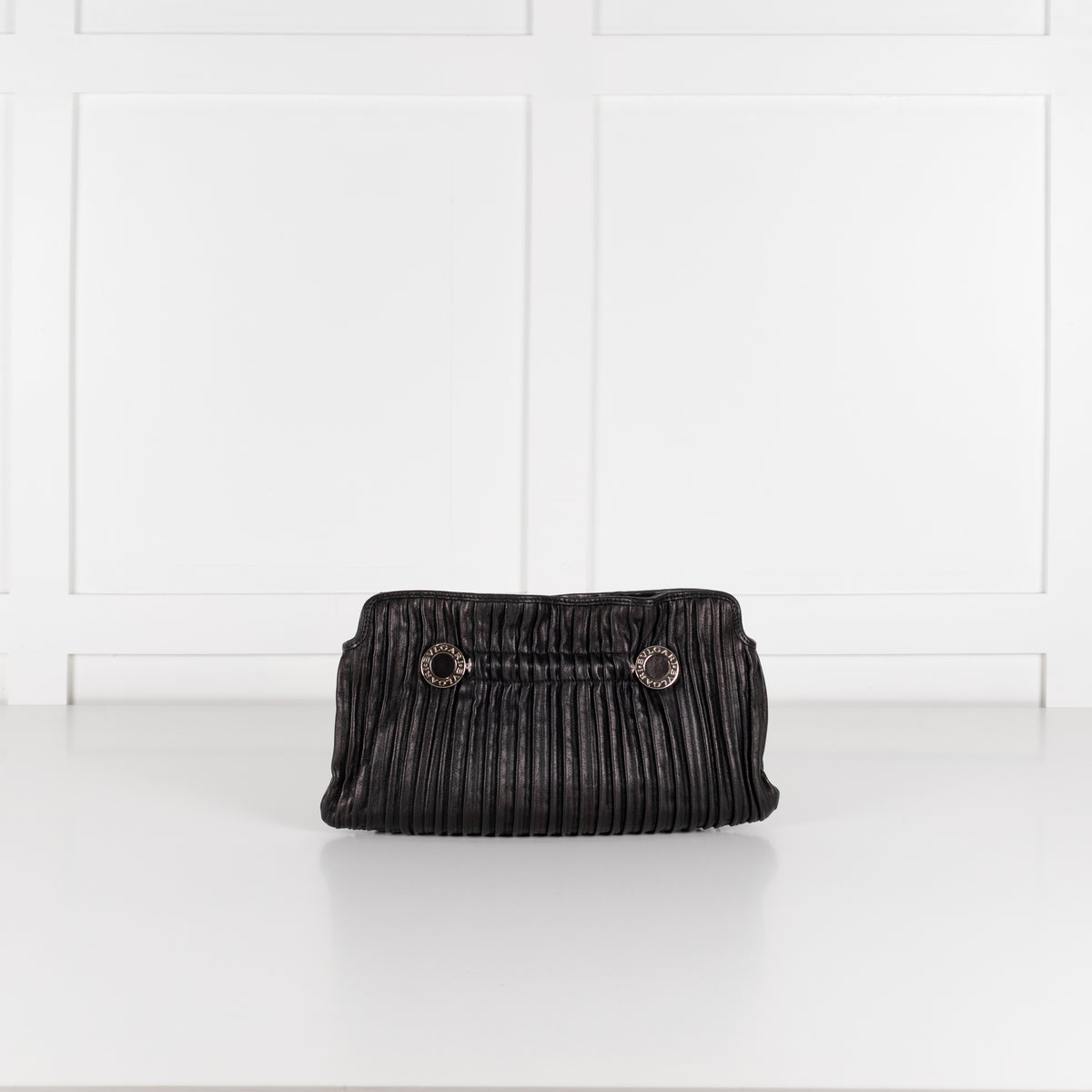 Bvlgari Black Pleated Leather Silver Hardware Clutch Bag