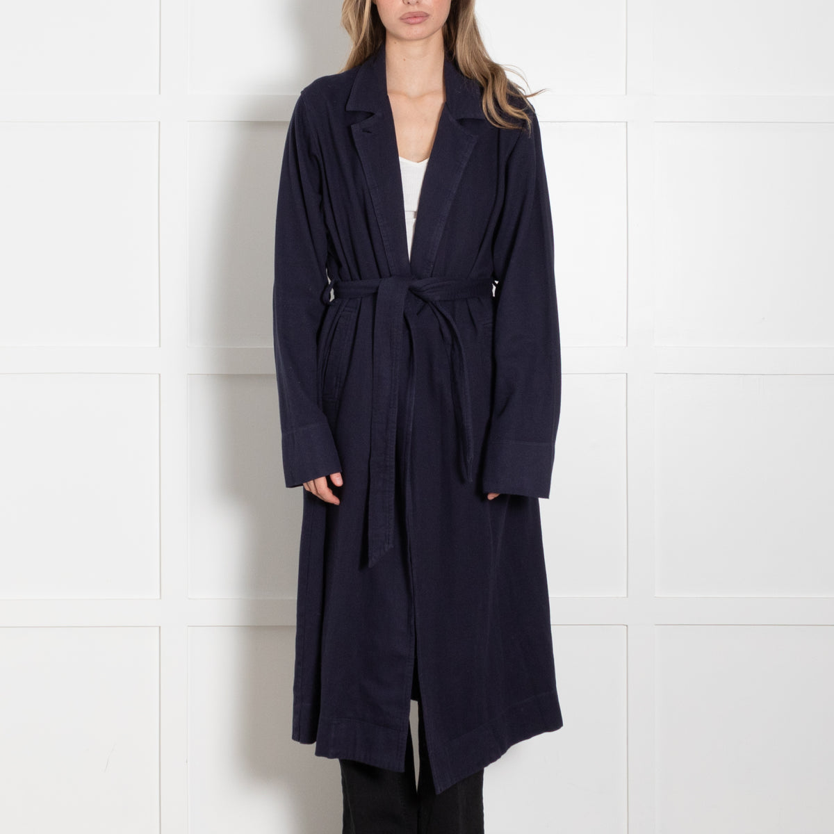Raquel Allegra Navy Cotton Long Trench Coat