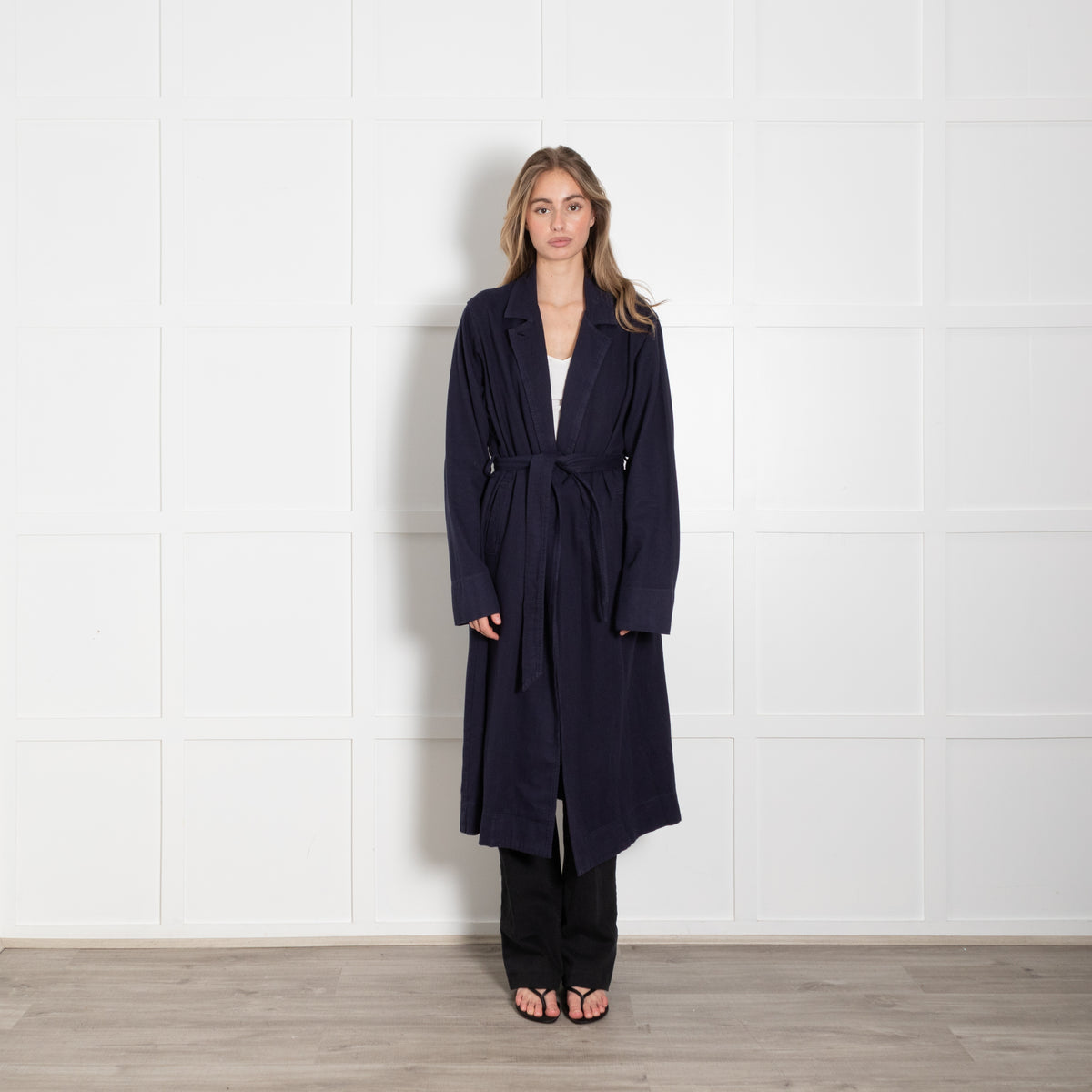 Raquel Allegra Navy Cotton Long Trench Coat