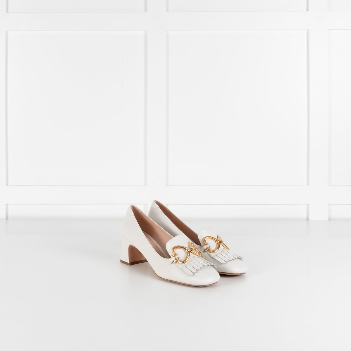 Kate Spade Cream Leather Gold Buckle Block Heeled Loafers