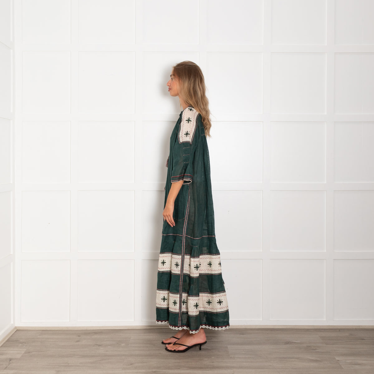Vita Kin Dark Green Cream Linen Long Kaftan Dress