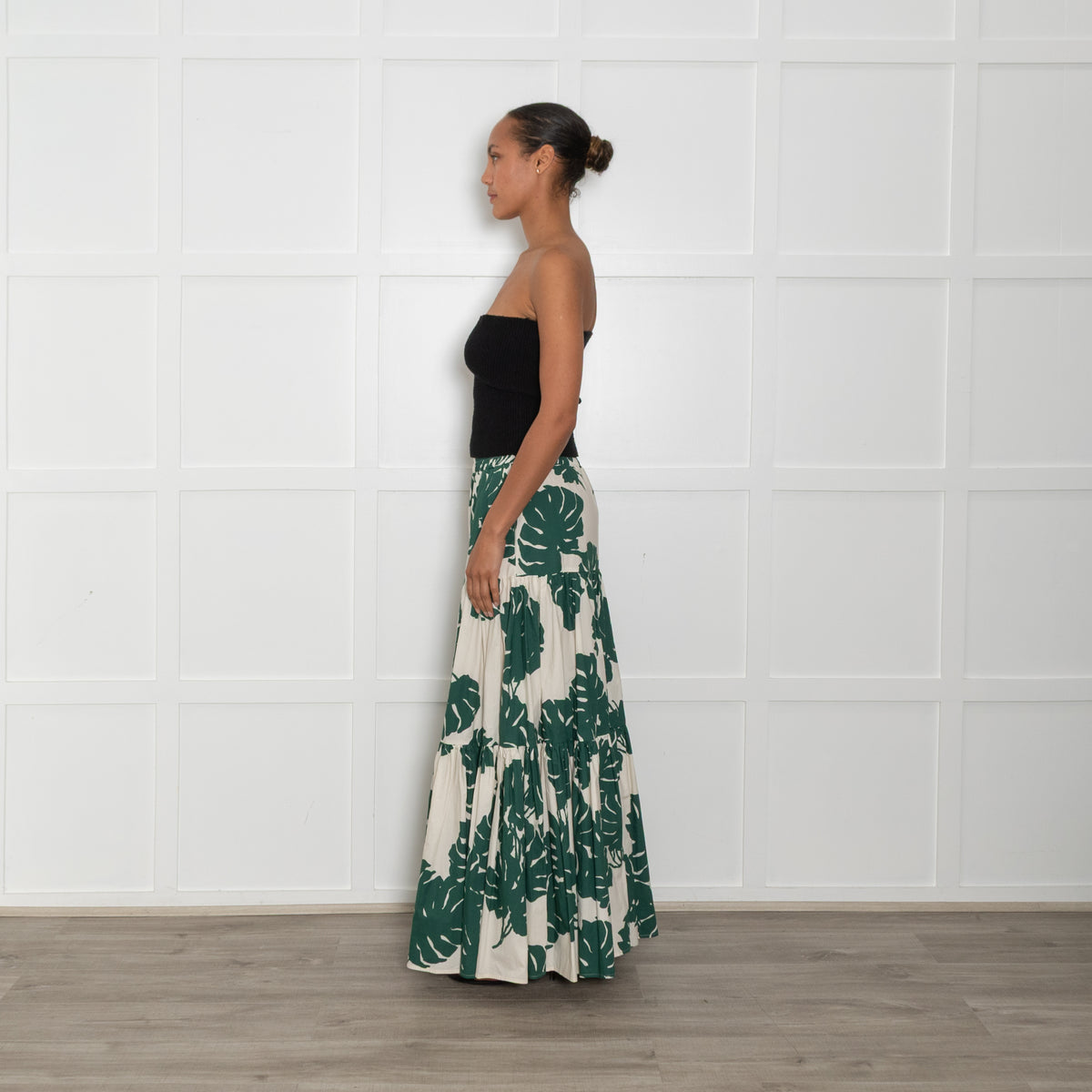 La Double J  Cream Green Botanical Cotton Tiered Maxi Skirt